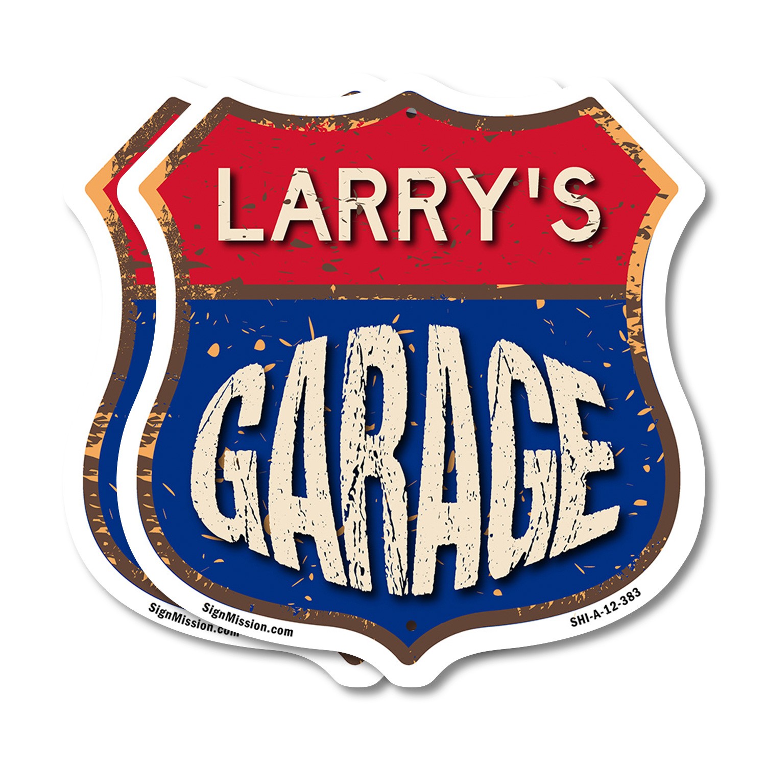 Larry&rsquo;s Garage Shield Shaped Sign Weather Resistant Crafted in the USA