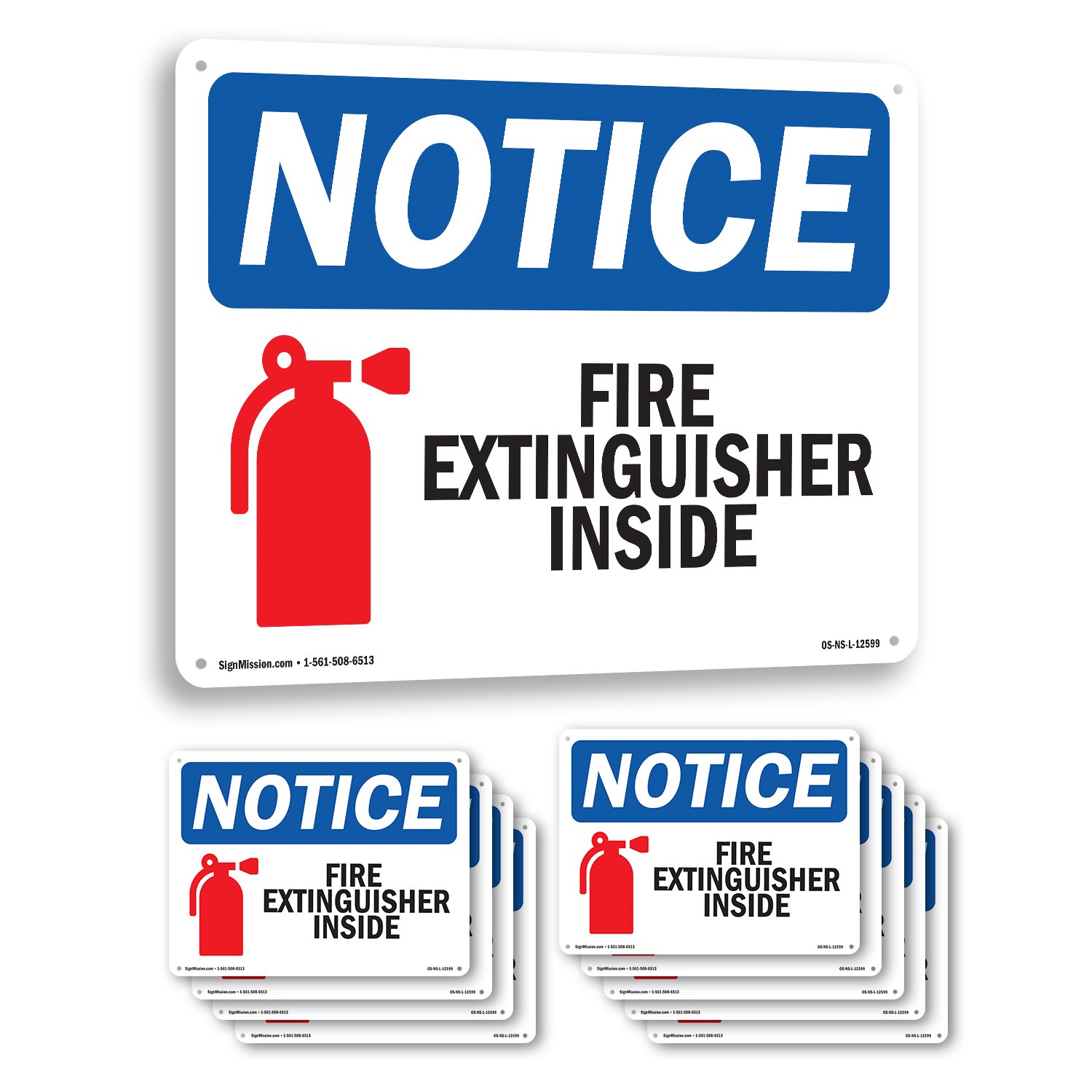 Fire Extinguisher Inside OSHA Notice Sign Metal, Plastic, Decal – 5 or 10 Pack