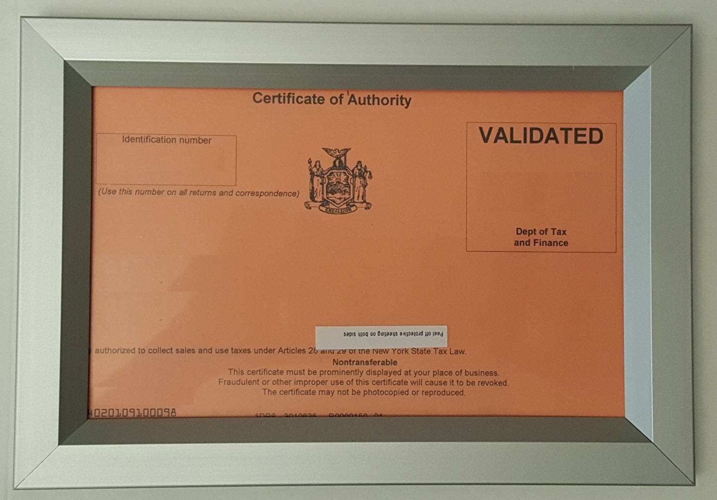 Sale Tax Certificate NYC frame 8.5 x 5.5( Heavy Duty – Aluminum)-REF24-1027