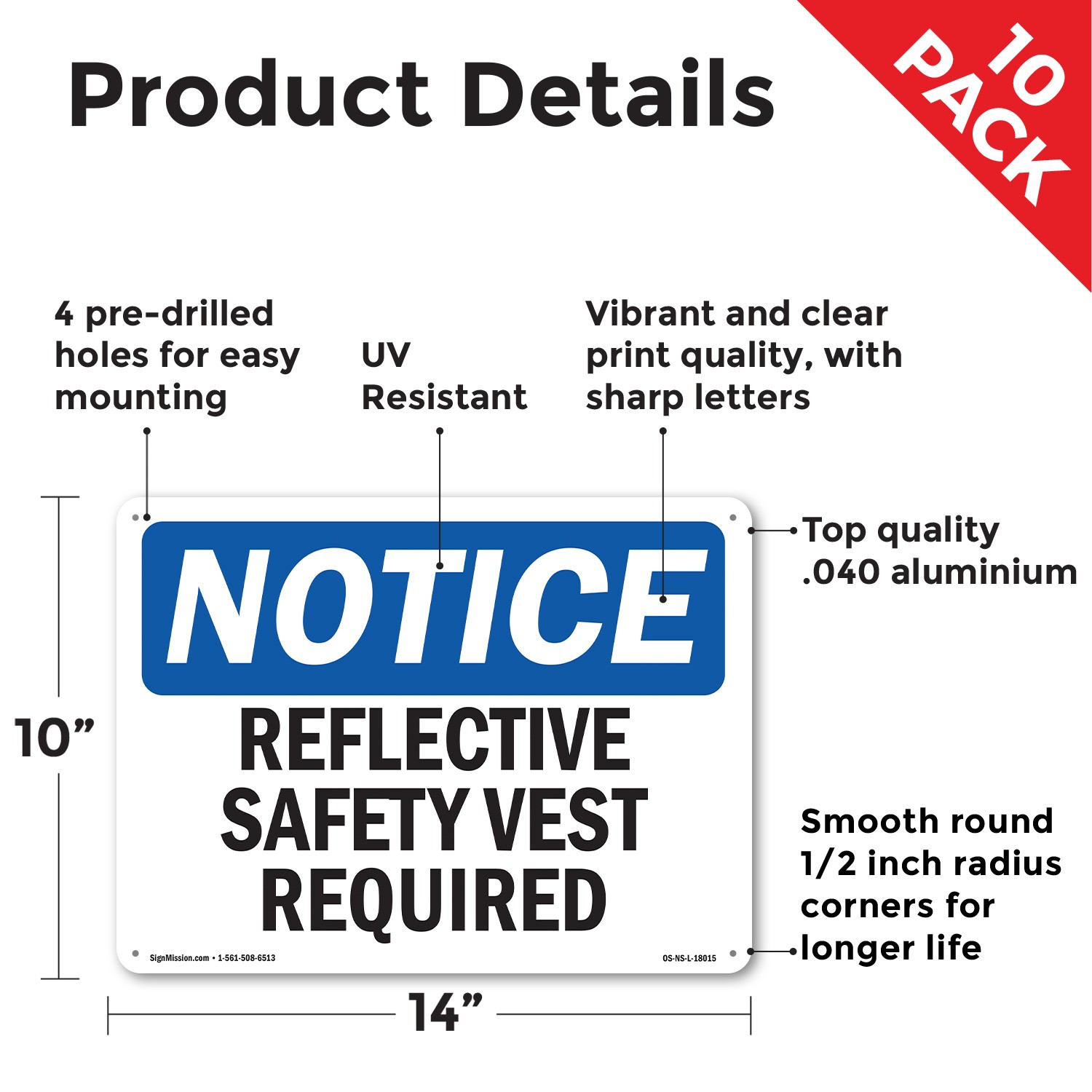 Reflective Safety Vest Required OSHA Notice Sign Metal,, Decal 5 or 10 Pack