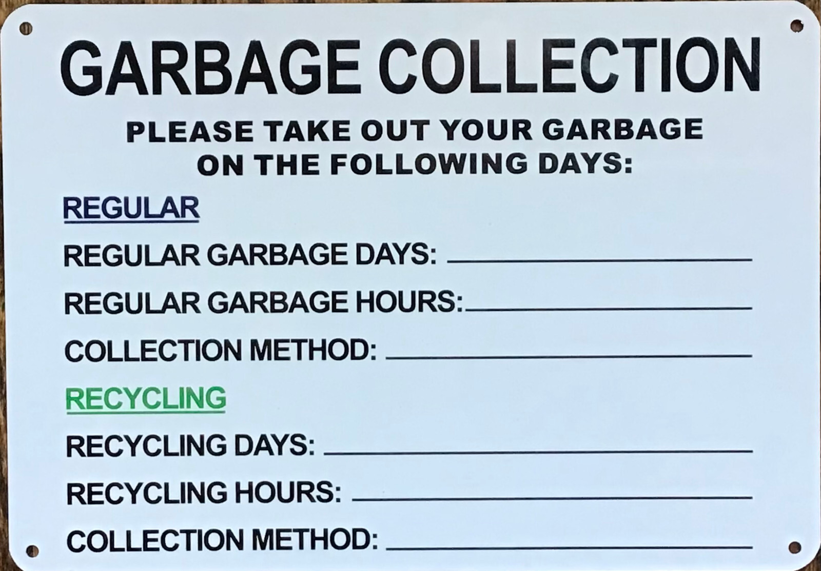 GARBAGE COLLECTION SIGN HPD NYC REQUIRED SIGN (7X10 WHITE BACKGROUND,ALUMINUM)