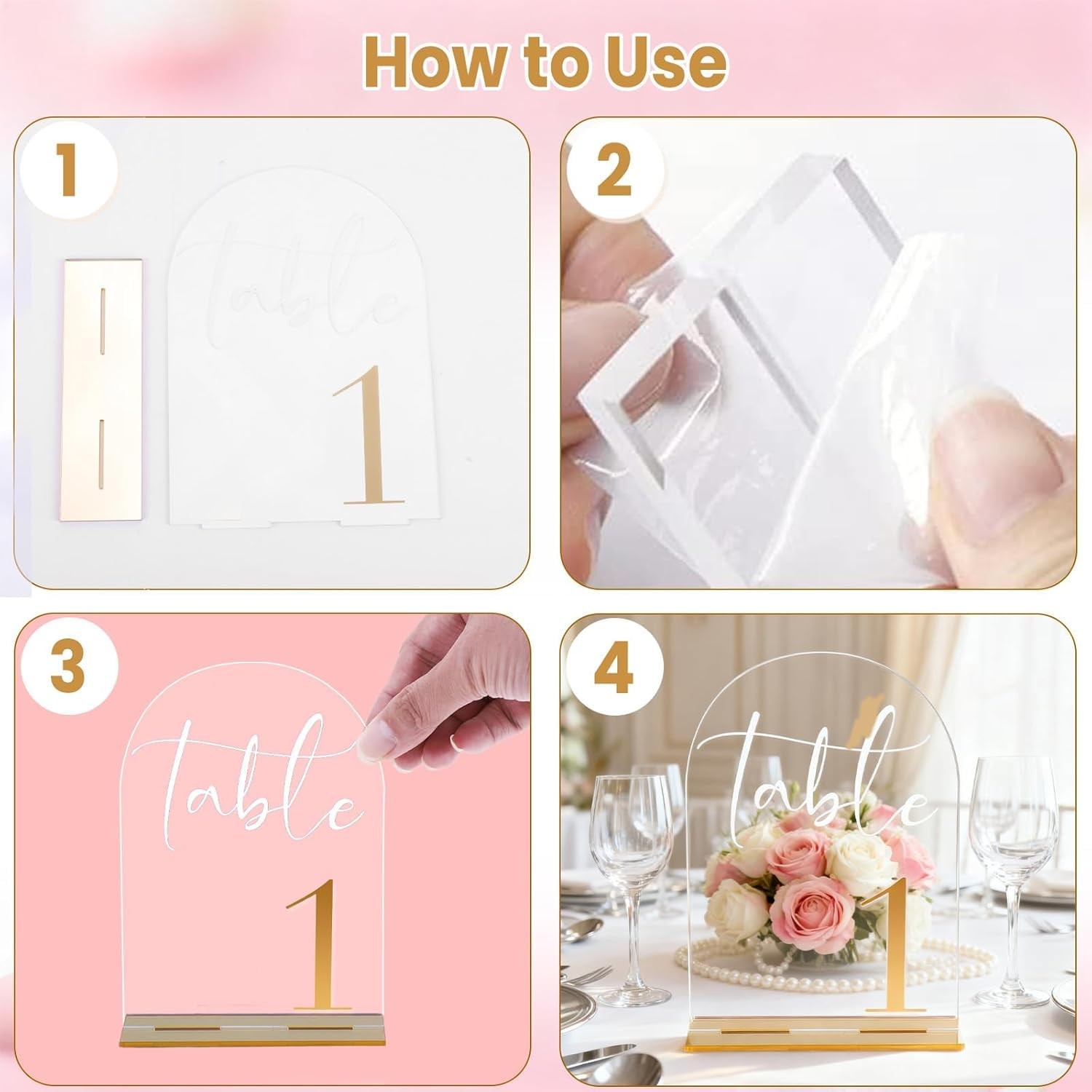 Clear Acrylic Arch Wedding Numbers 115 With Stands DoubleSided 7×5 Inch Gold