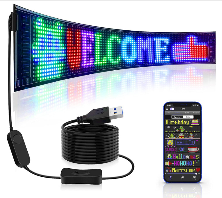 Pantalla LED flexible con texto animado programable y control por app Bluetooth