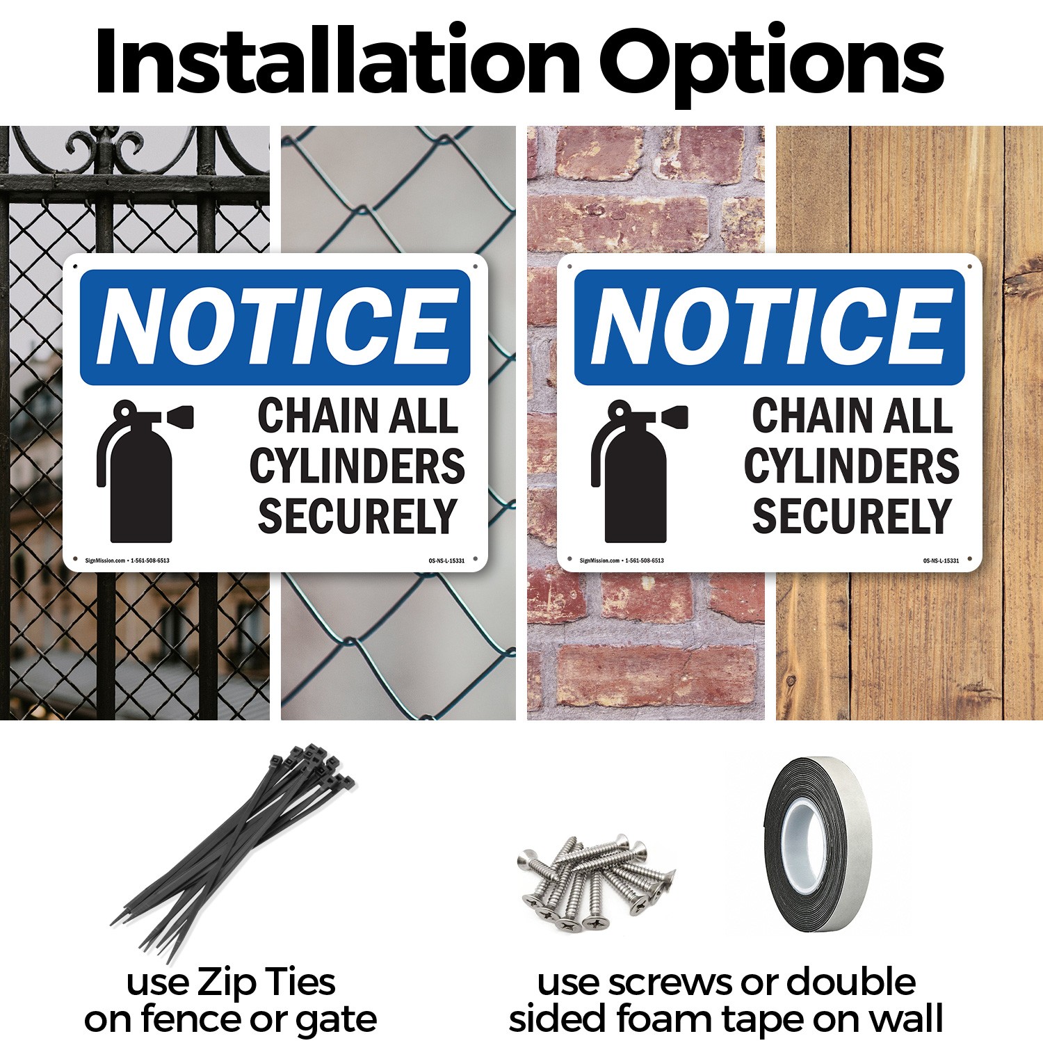 Chain All Cylinders Securely OSHA Notice Sign Metal, Plastic, Decal 5 or 10 Pack