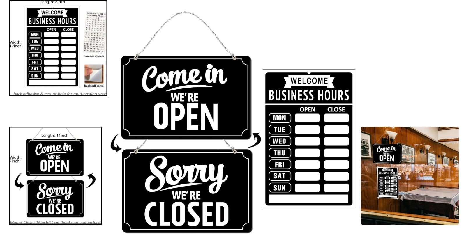 Open Closed Sign Set – Business Hours for Restaurants, Bars & Stores (12&Prime;x8&Prime;)