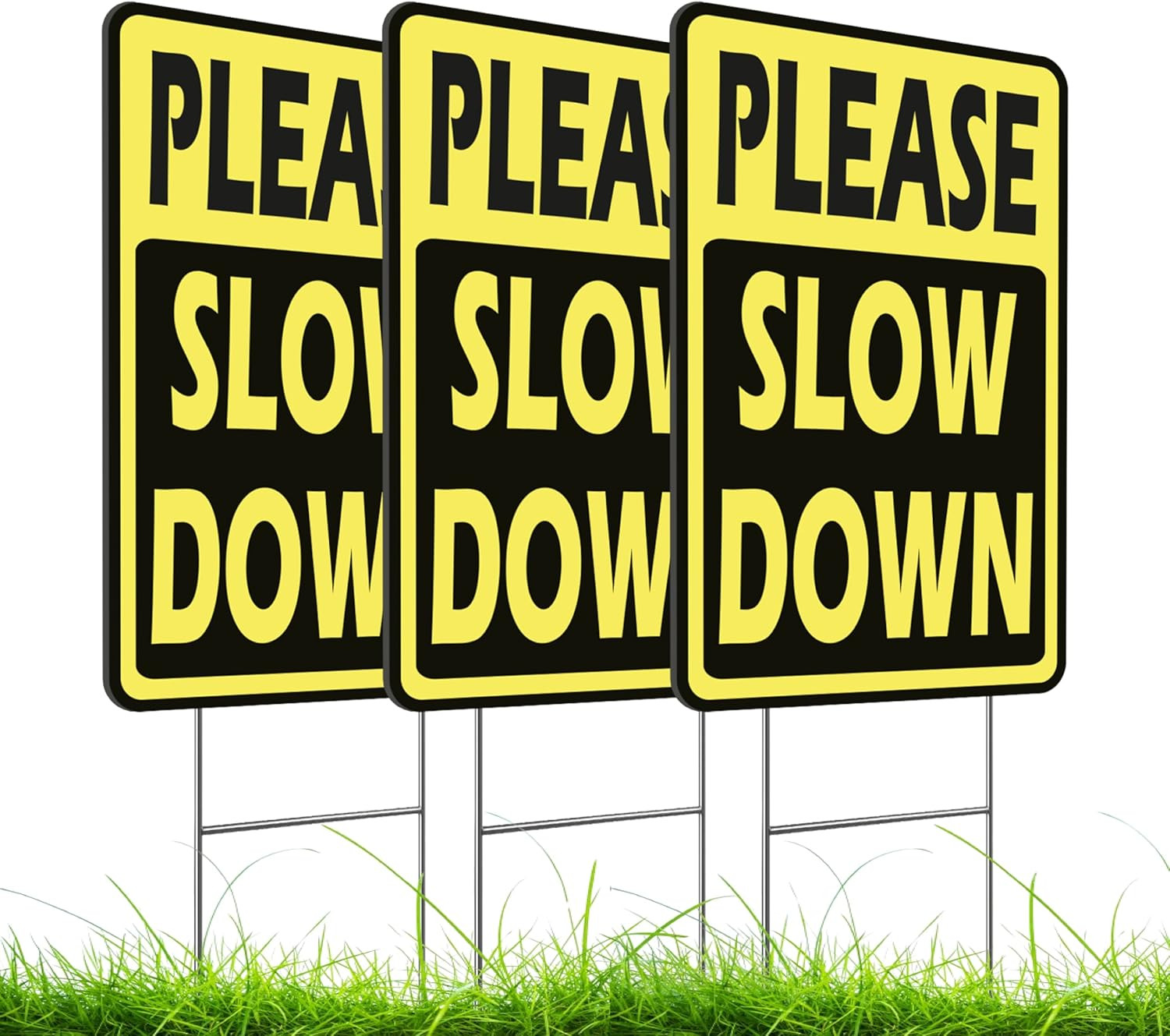 Set of 3 Double Sided 8×12 Inches « Please Slow Down » Sign with Metal H-Stakes…
