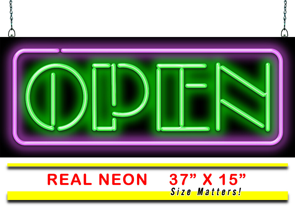 LARGE Open Neon Sign REAL Neon Window Sign Green & Pink Advertisement Hand Bent