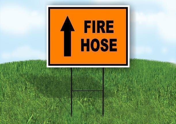 Fire Hose STRAIGHT ARROW ORANGE BLACK Yard Sign with Stand LAWN SIGN