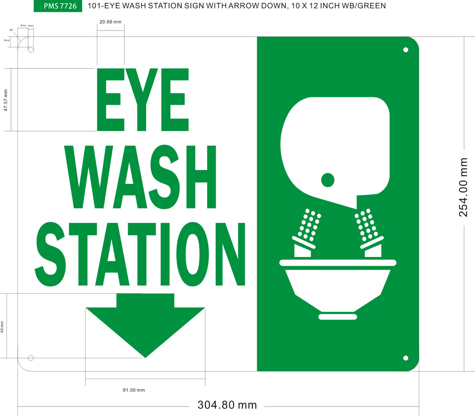 EYE WASH STATION SIGN WITH ARROW DOWN SIGN (10 X 12 ,White/GREEN,Aluminum