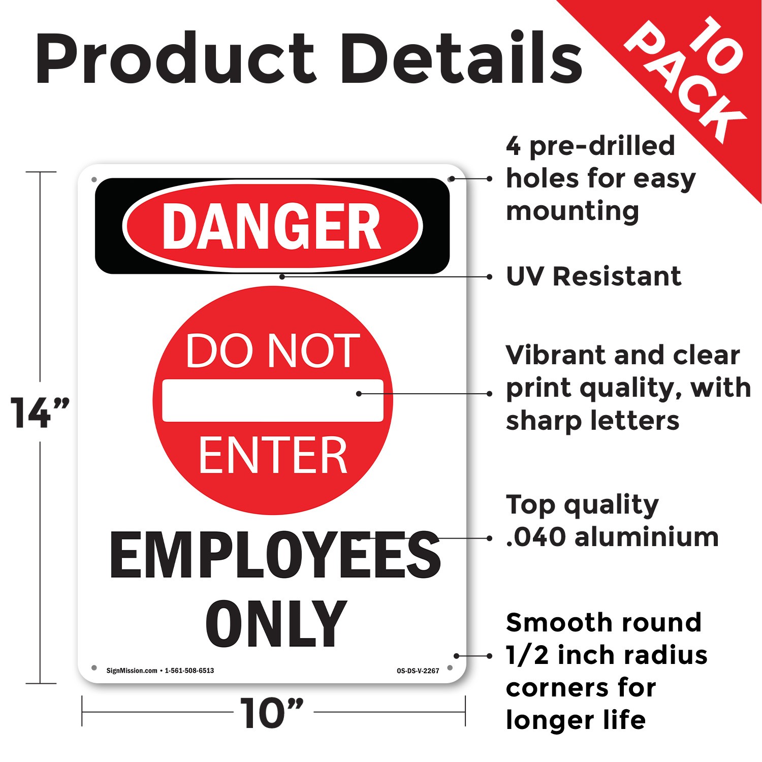 Employees Only OSHA Danger Sign Metal, Plastic, Or Decal – 5 or 10 Pack