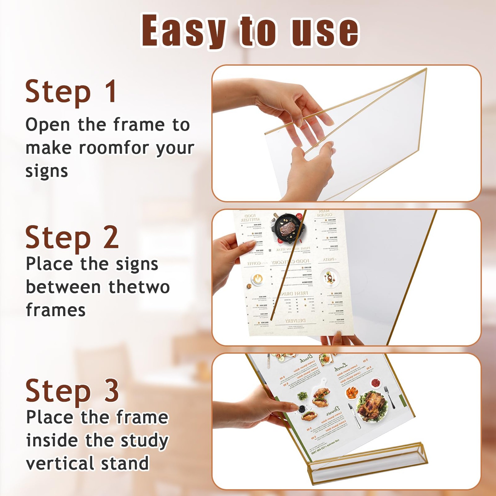 PUREZON 5×7 Acrylic Sign Holder, 4 Pack Double-Sided Clear inches, golden
