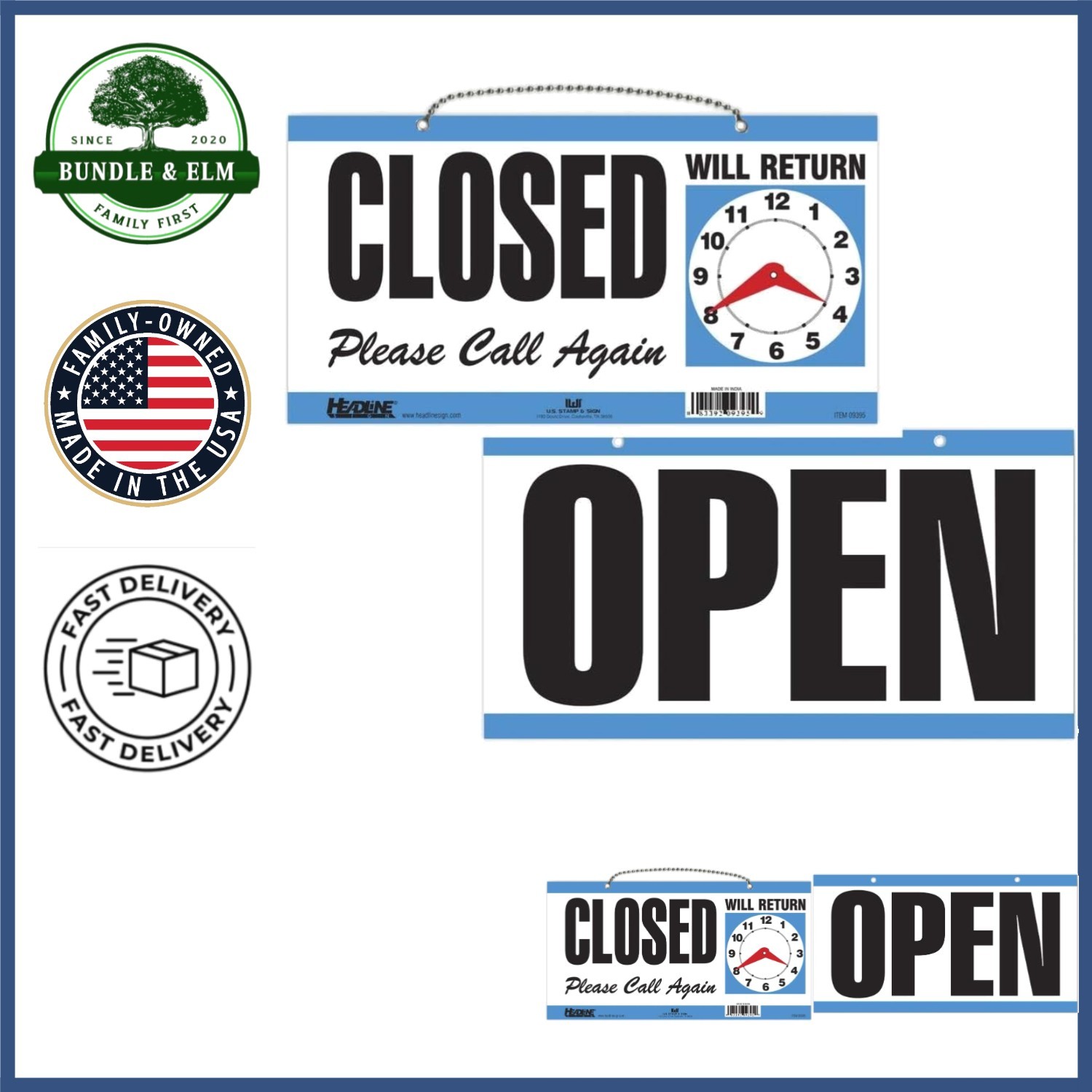 Plastic Sign for Open Closed Hours with Red Clock Indicators, 6&Prime; x 11.5&Prime;