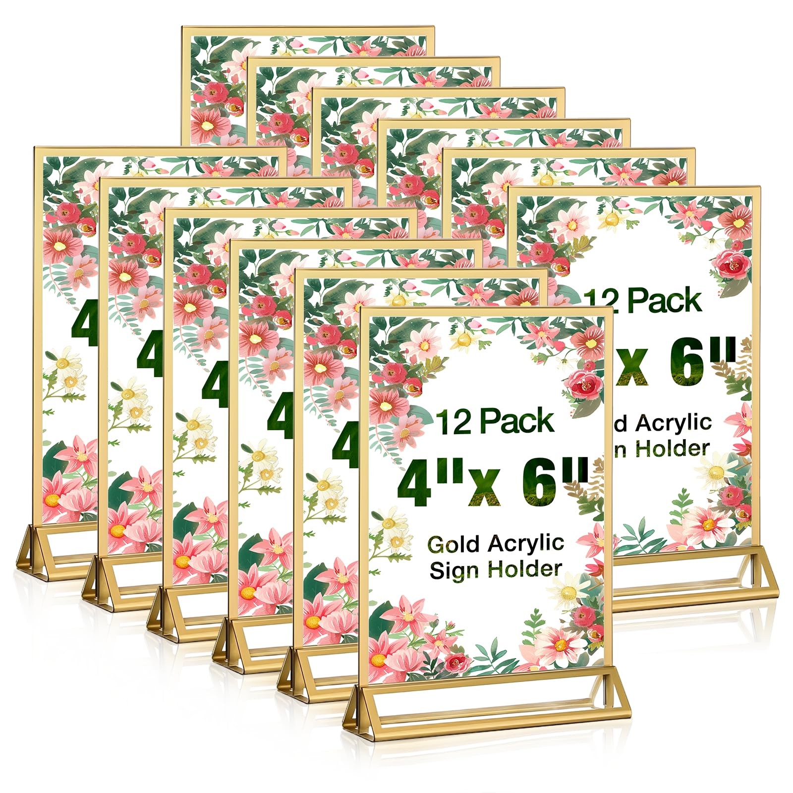 RETON 12 Pack Acrylic Sign Holder, 4×6 Clear Gold Frame 4&Prime; x 6&Prime;,