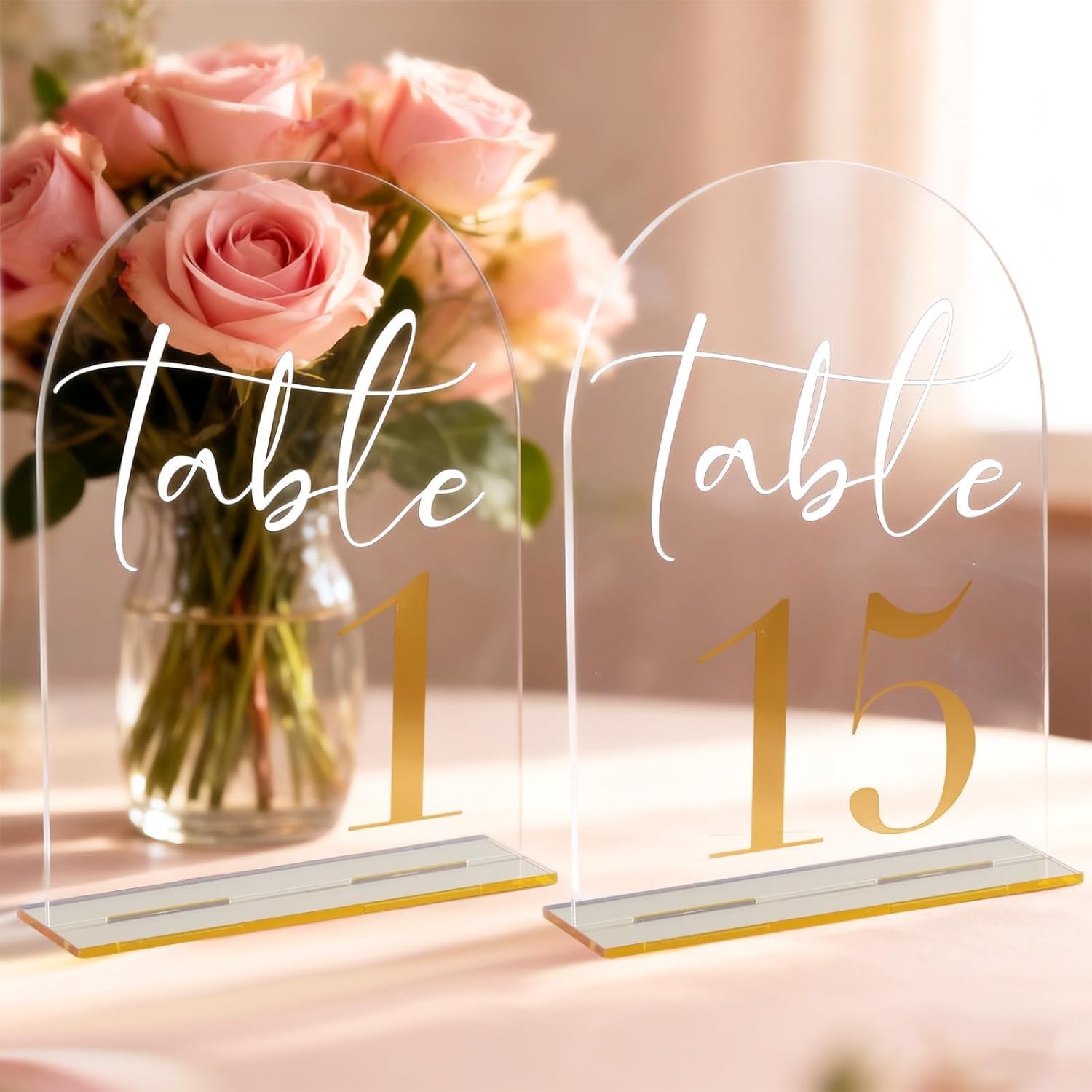 Clear Acrylic Arch Wedding Numbers 115 With Stands DoubleSided 7×5 Inch Gold