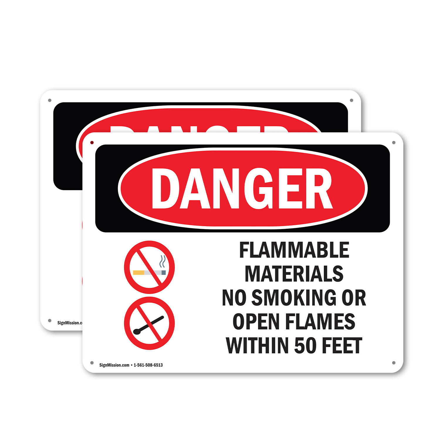 (2 Pack) Flammable Materials No Smoking 50 Feet OSHA Danger Sign Decal Metal