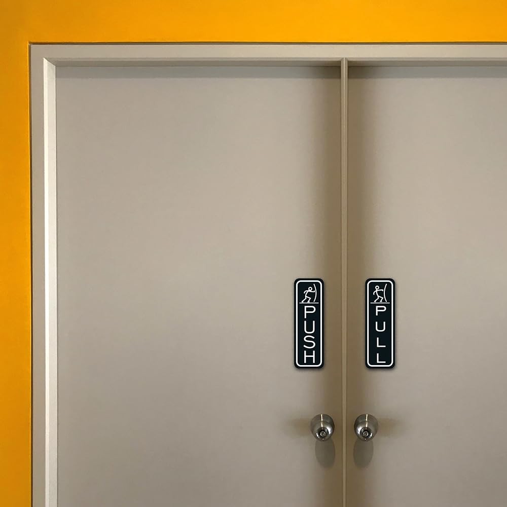 2 PCS Push Pull Door Signs Classic Entrance Medium Brushed Silver Metal Tags