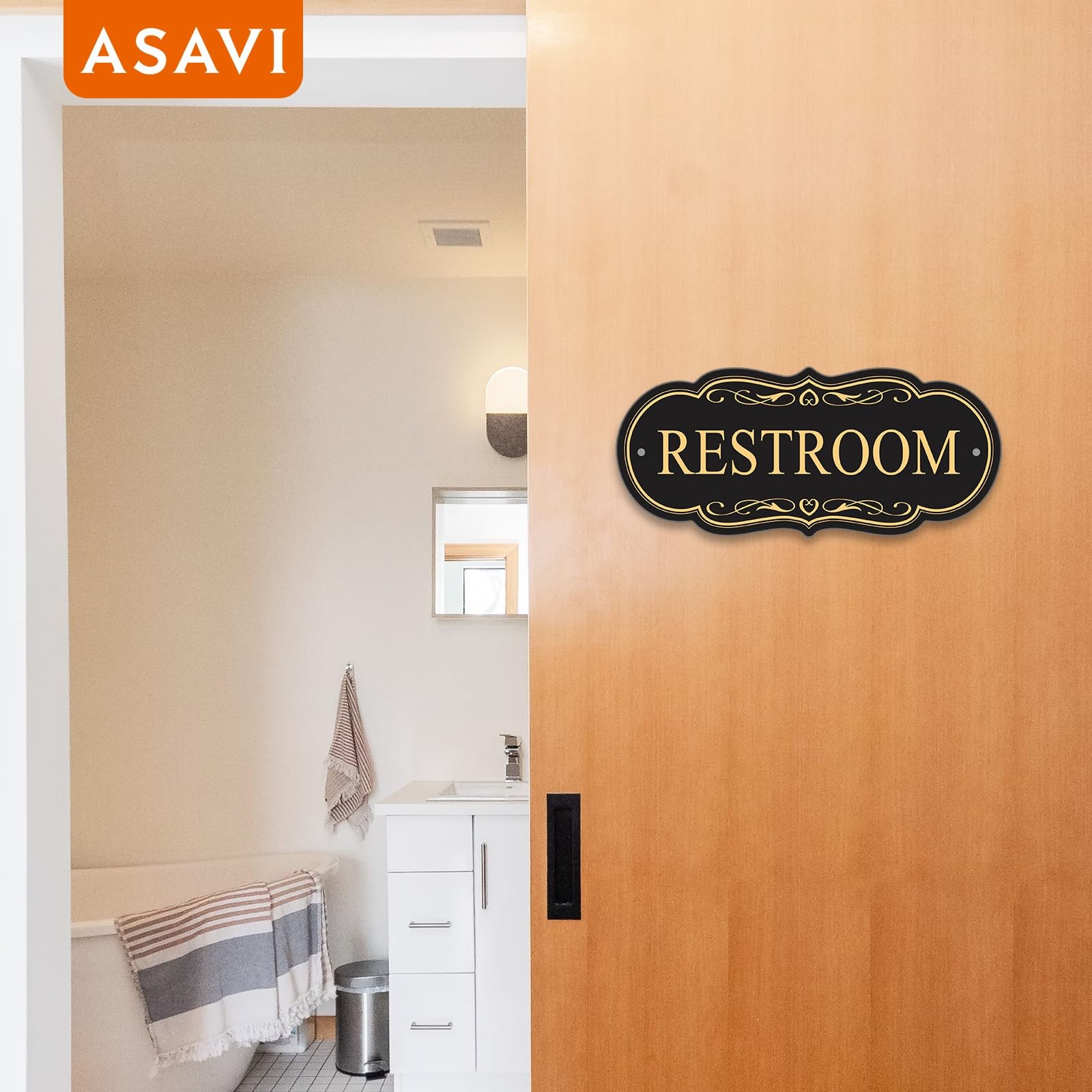 Restroom Sign 8×3.5 Inch Waterproof Acrylic Adhesive Black Gold
