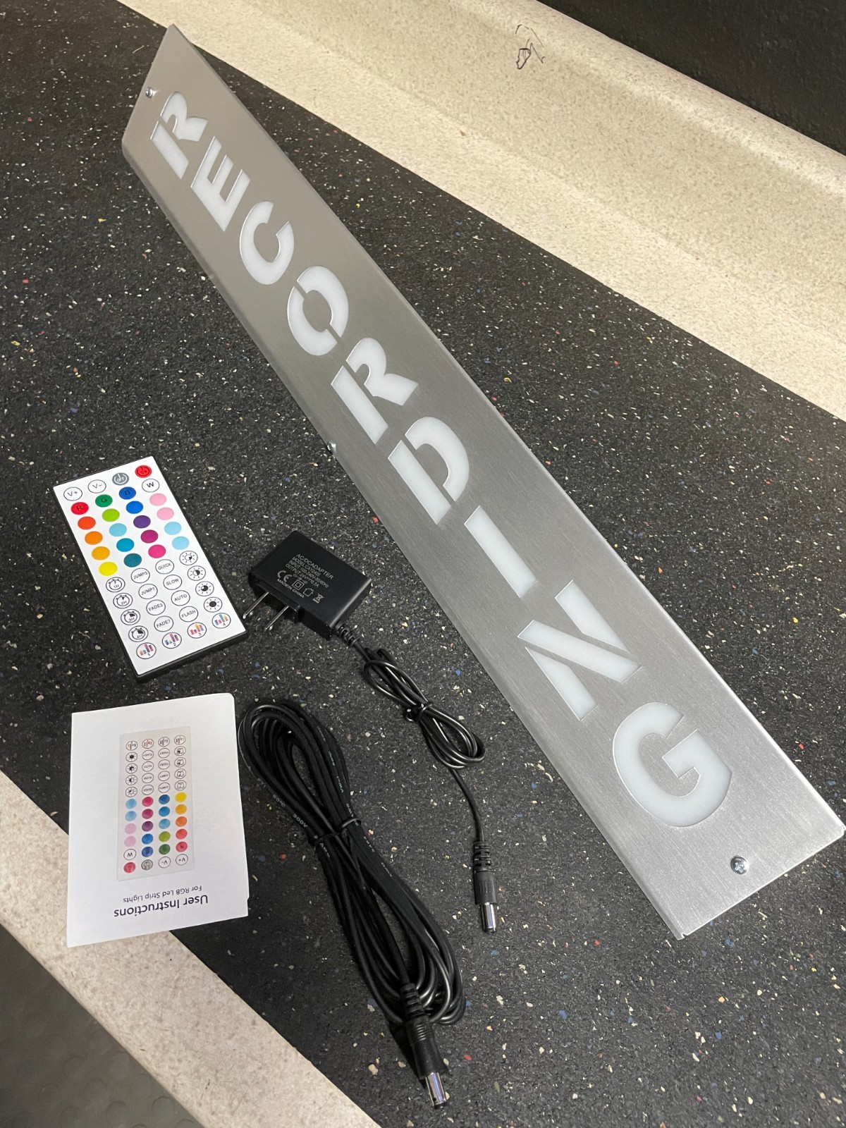 Lighted Sign « RECORDING » 24 inch Aluminum 120V. Remote & Bluetooth