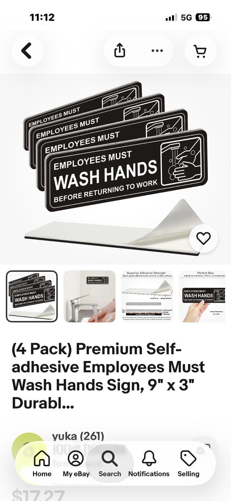 (4 Pack) Employees Must Wash Hands Sign, 9&Prime; x 3&Prime; Self Adhesive