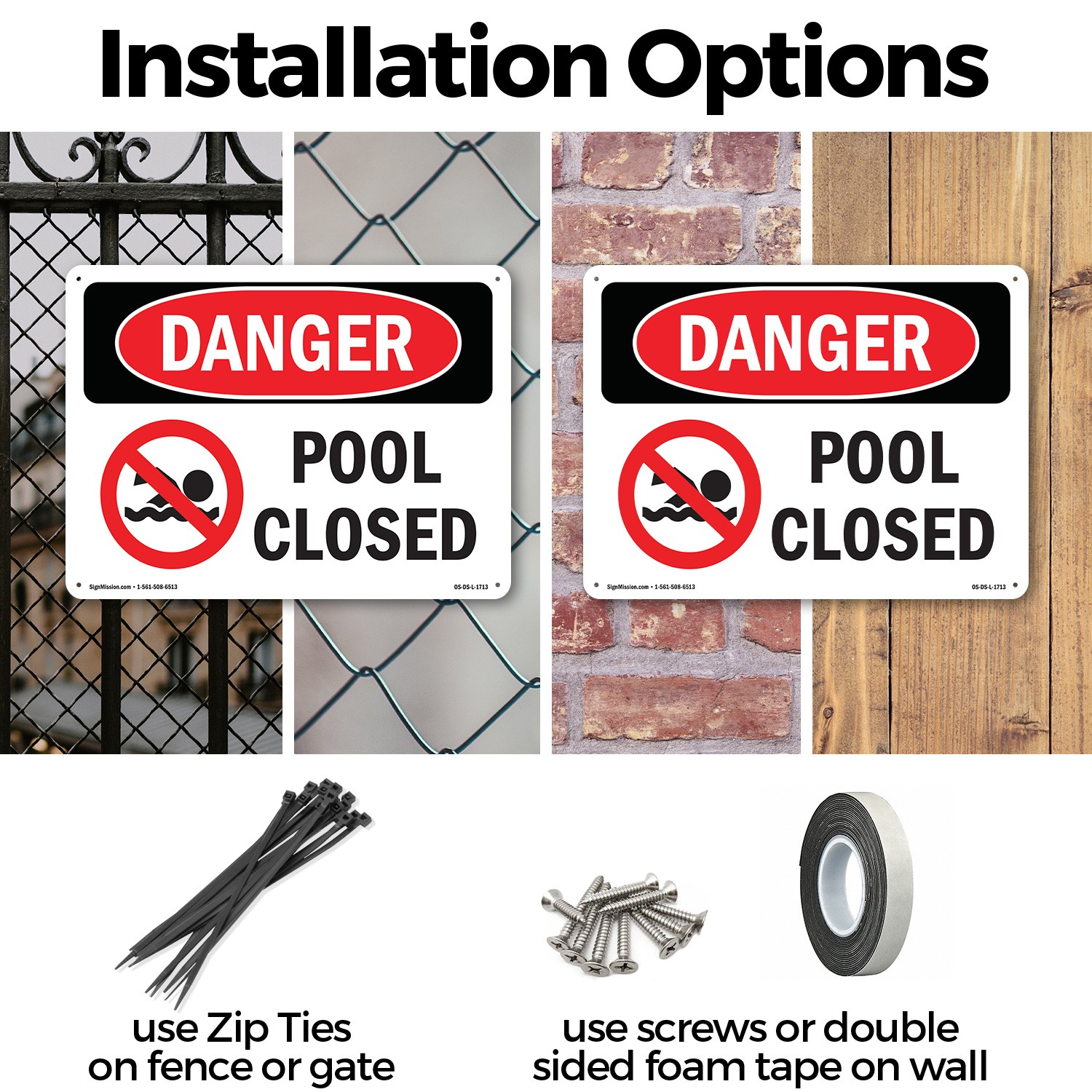 Pool Closed OSHA Danger Sign Metal, Plastic, Or Decal – 5 or 10 Pack