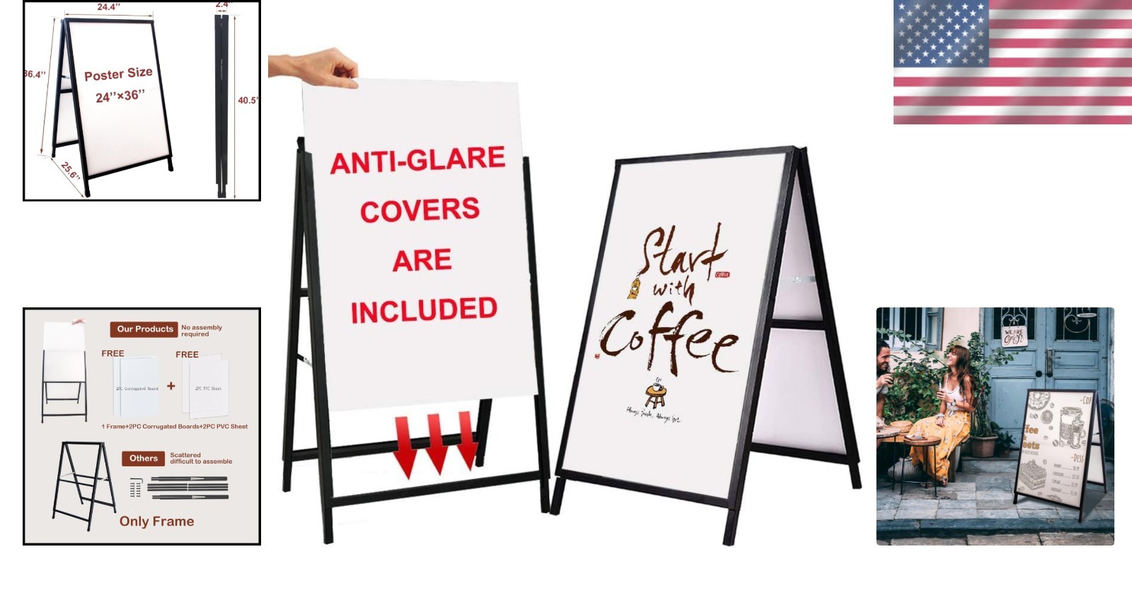 Outdoor Black Sandwich Board Sign 24×36&Prime; with Anti-Glare Protection & Iron Frame