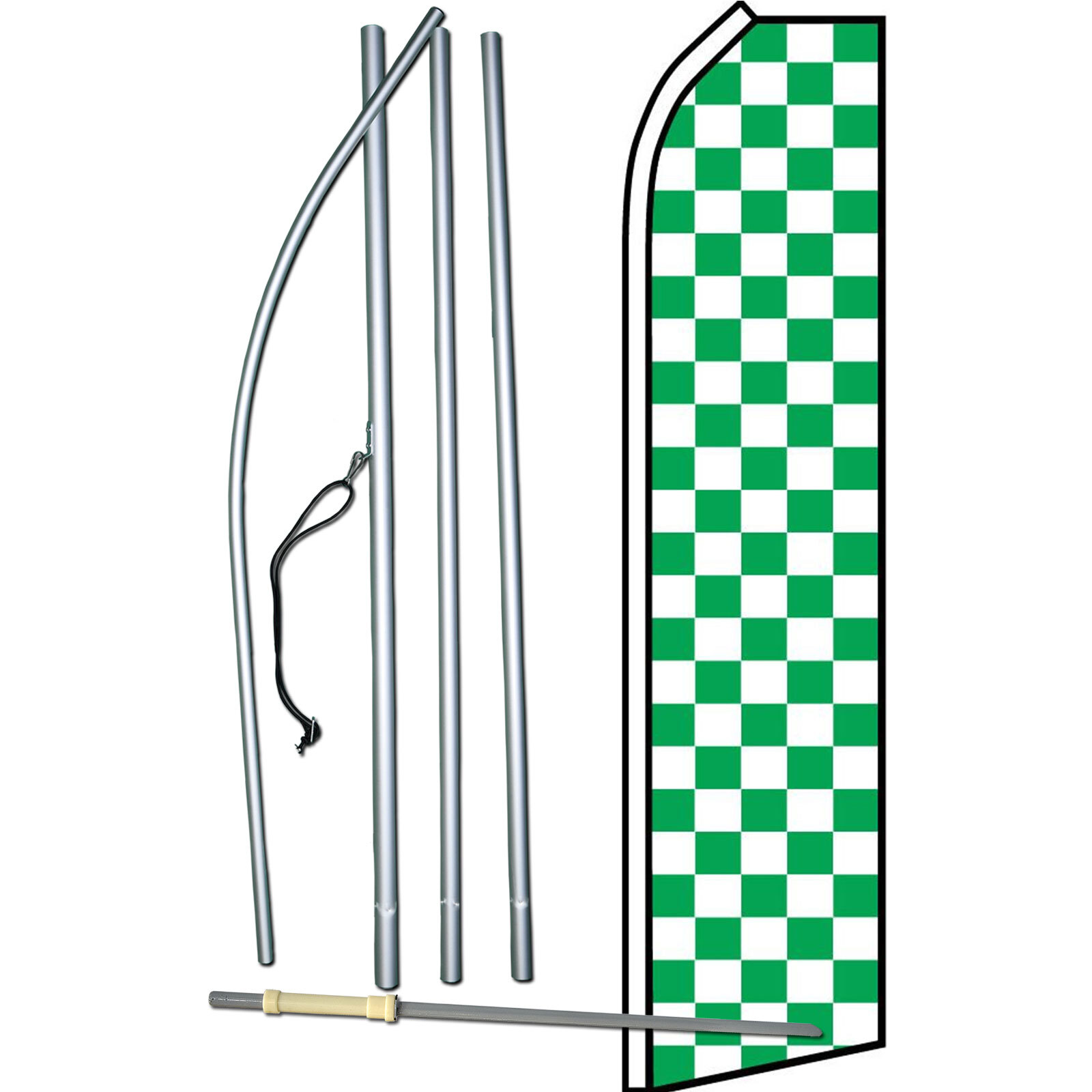 Green And White Checkered Flag with Flag Pole and Spike