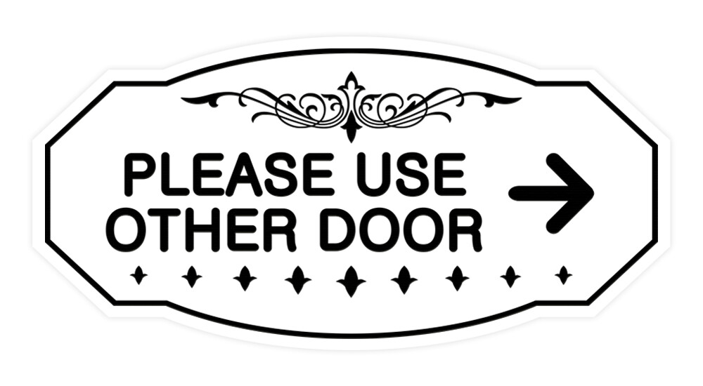 Victorian Please Use Other Door Right Arrow Sign (White) – Small 3&Prime; X 6&Prime;