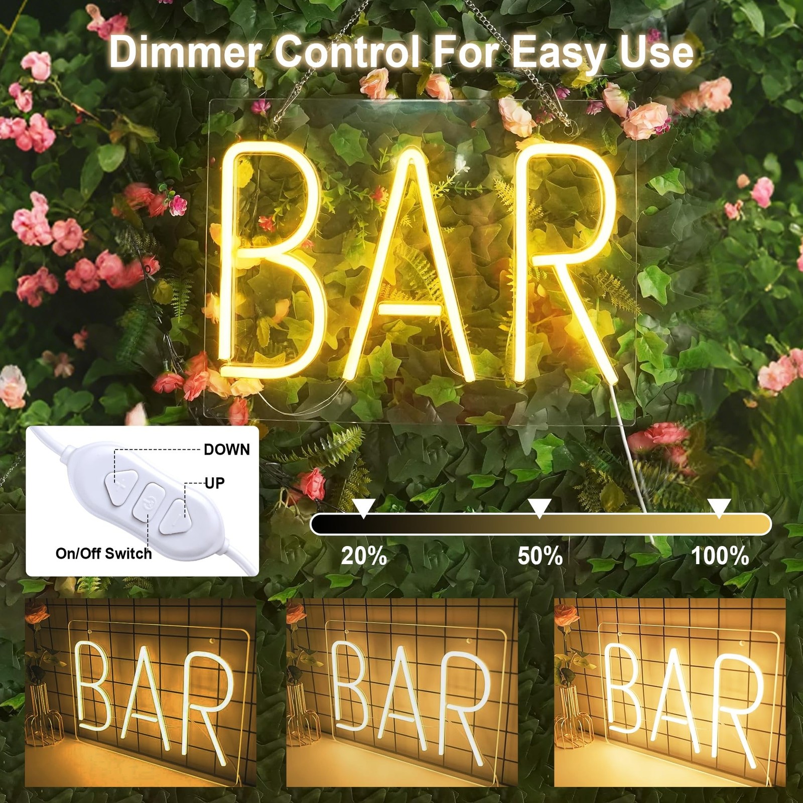 Neon Bar Signs, Warm White Bar Neon Sign with Dimmer Switch, USB Powered LED …