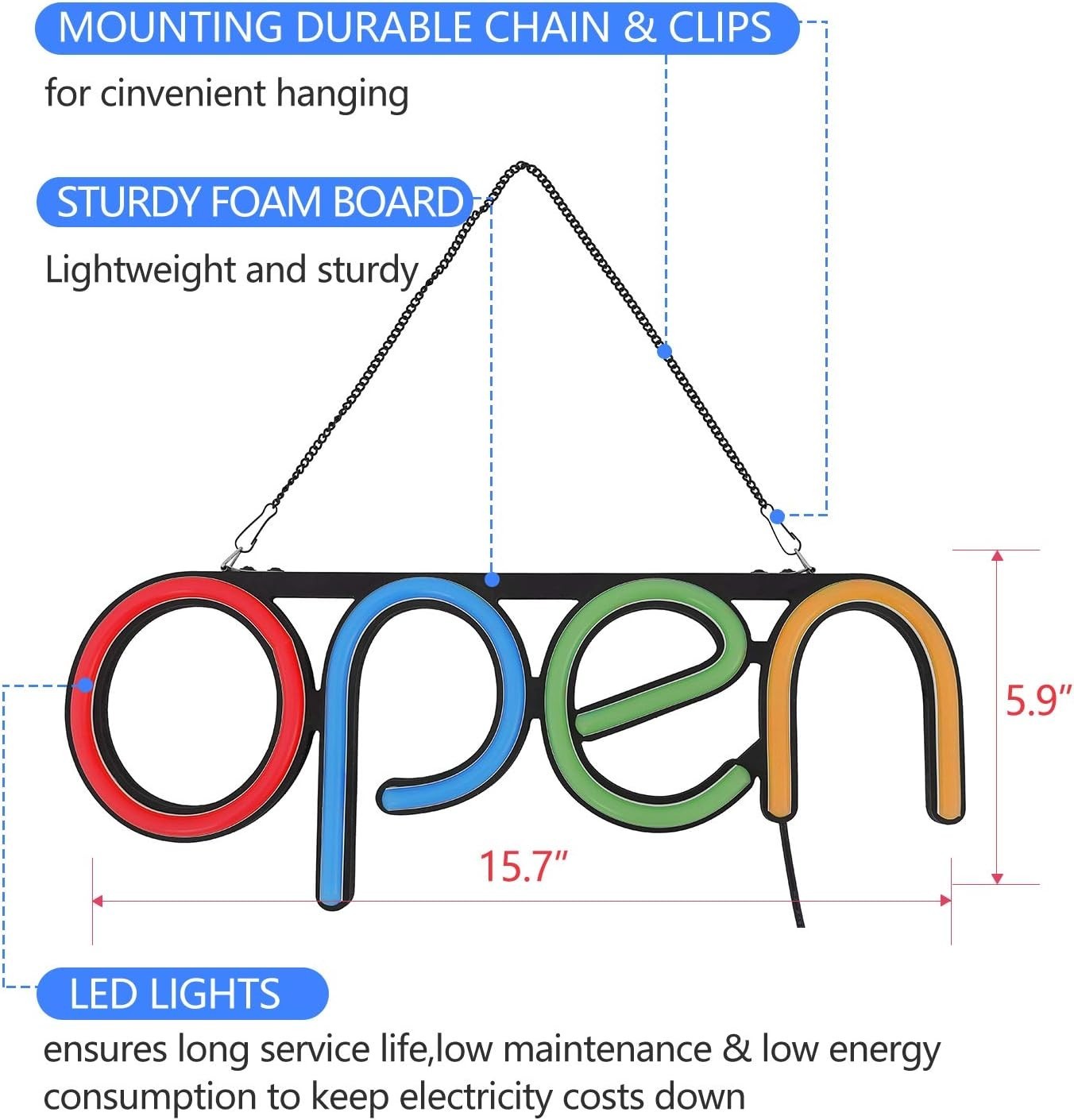 LED Open Sign,16×6 inch Open Signs for Business Window,With multiple flashing…