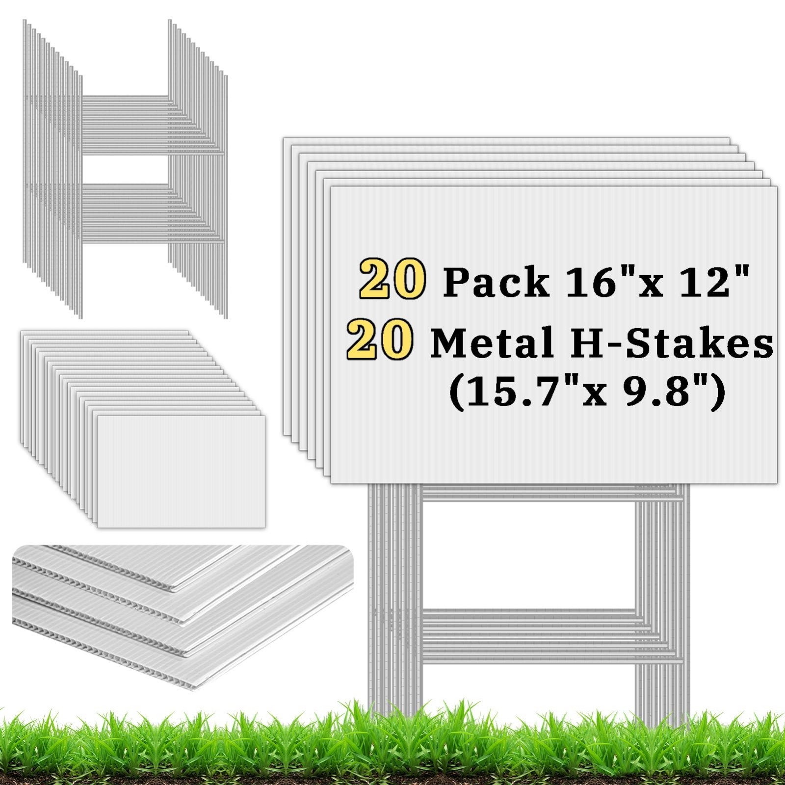 20 Pack Blank Yard Signs with Stakes 16×12&Prime; White Corrugated Plastic for Outdoor