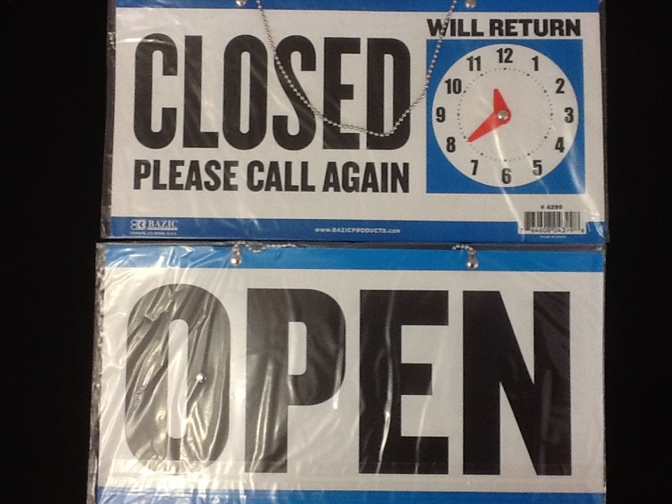 4 Open Closed Sign Chain 2 sided 11.5 x 6. Business Hours ONE FREE SUCTION CUP
