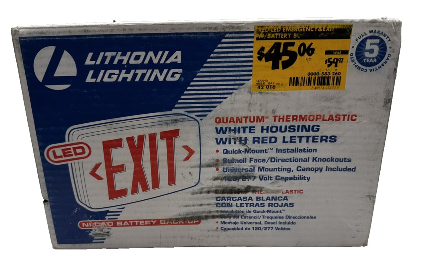 NEW LED EXIT Sign by Lithonia Lighting Quantum Thermoplastic w/ Red Letters