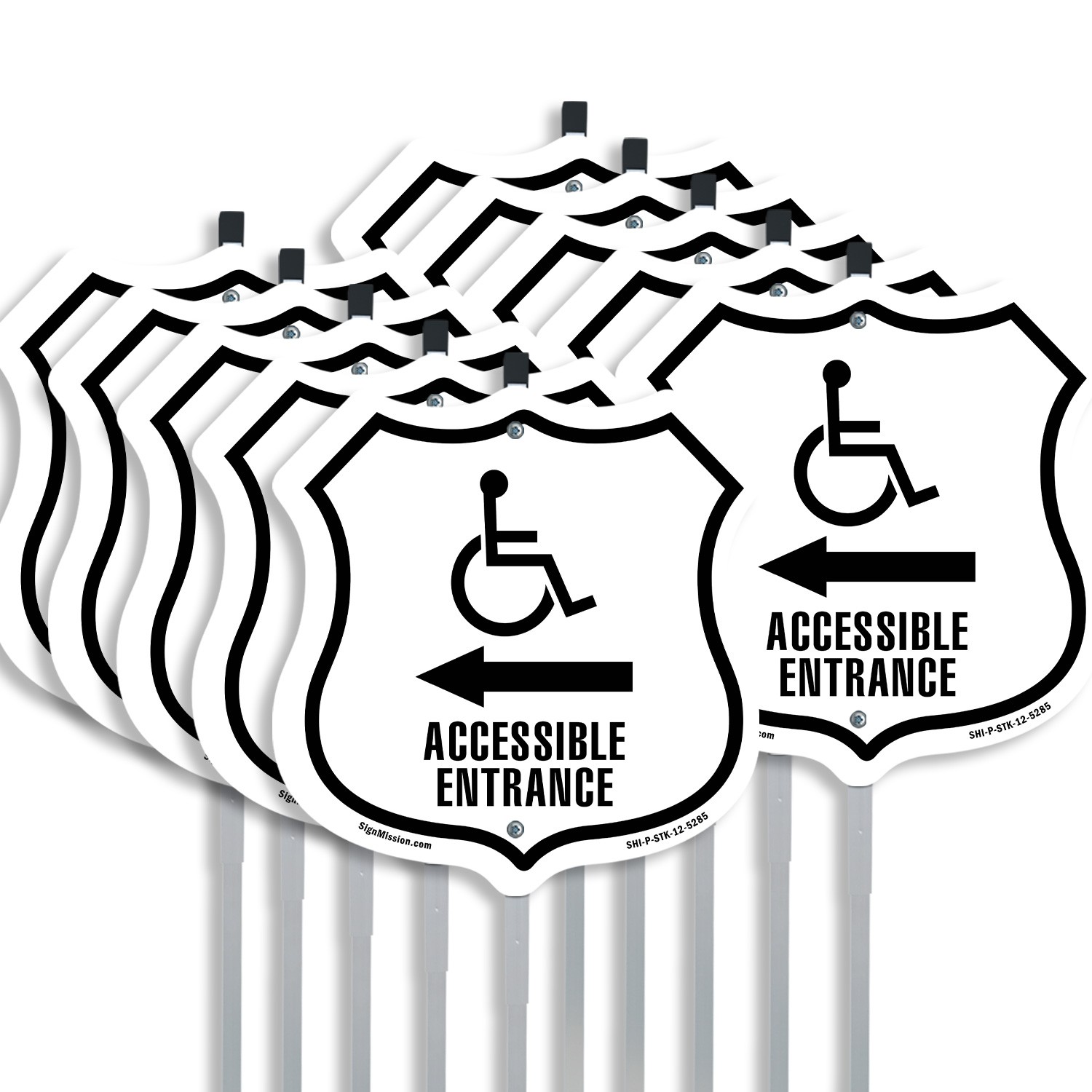 Accessible Entrance Handicap Left Shield Shaped Sign With Stake Weather Proof