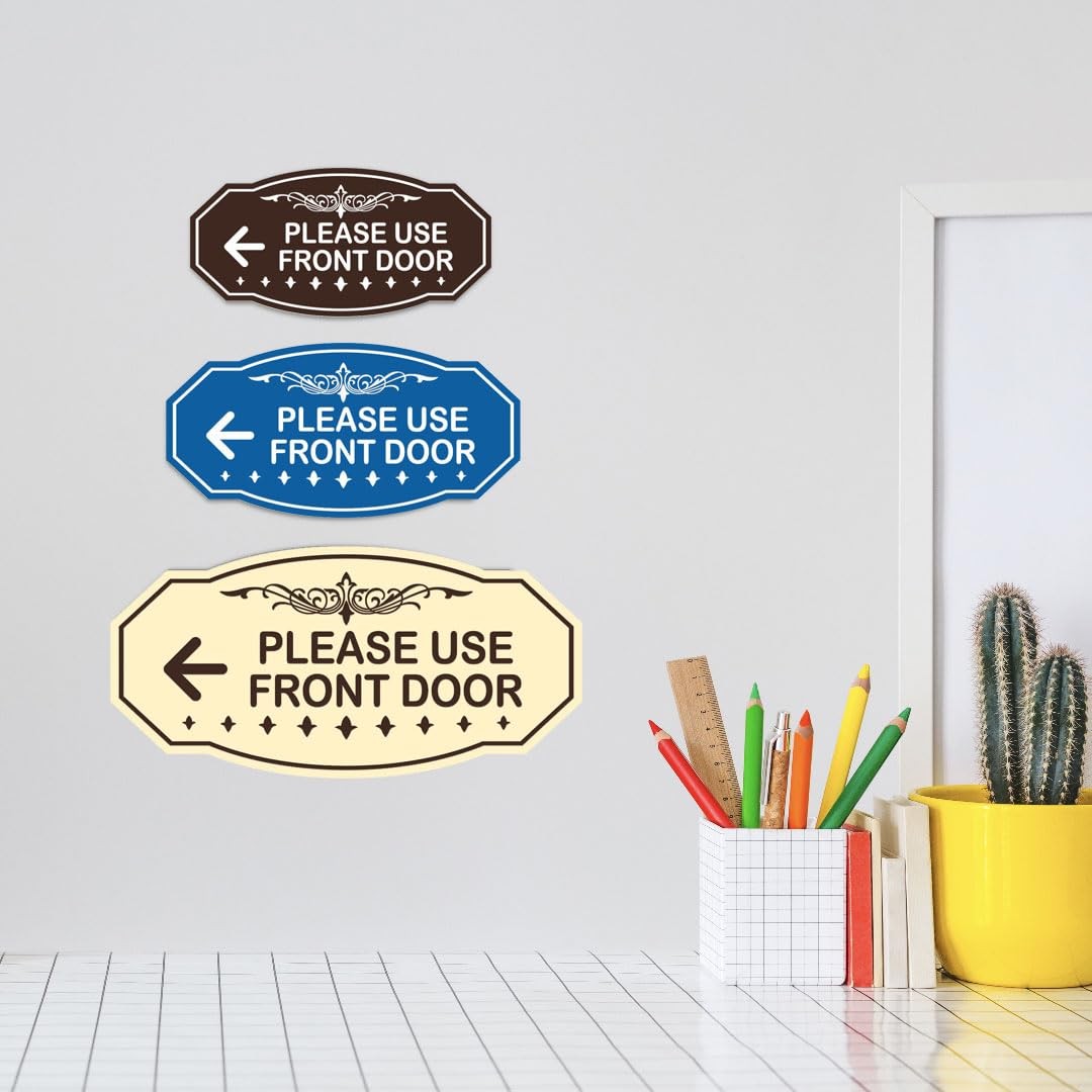 Victorian Please Use Front Door left Arrow Sign brushed Silver Small