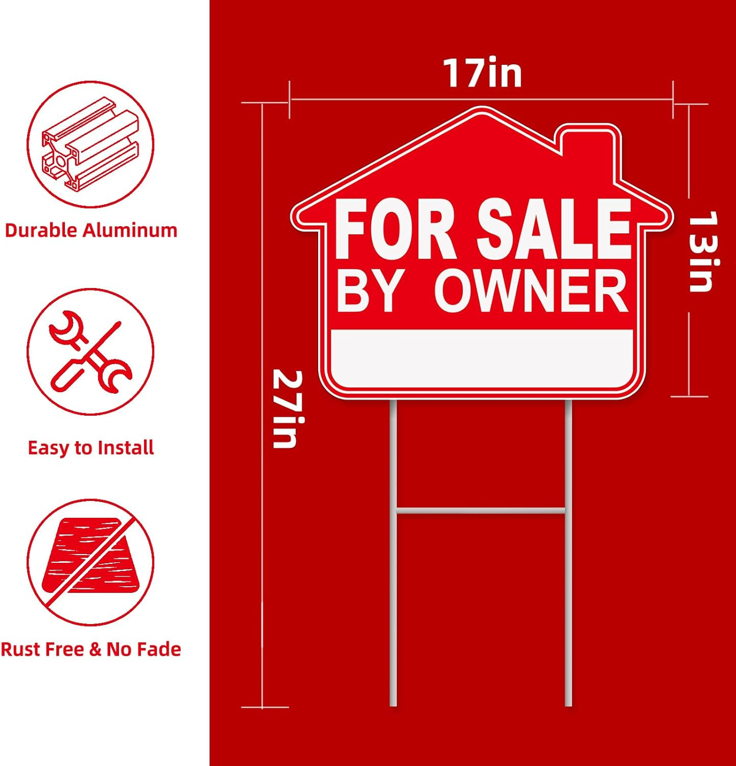 For Sale by Owner Yard Sign, 1-Pack 17&Prime;X13&Prime; Double-Sided Signs, Corrugated Plast