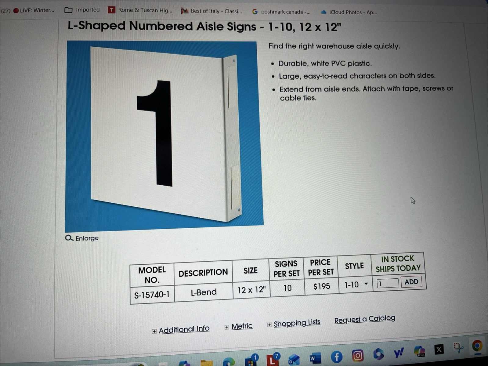 L-Shaped Numbered Aisle Signs – 1-10, 12 x 12&Prime; ULINE