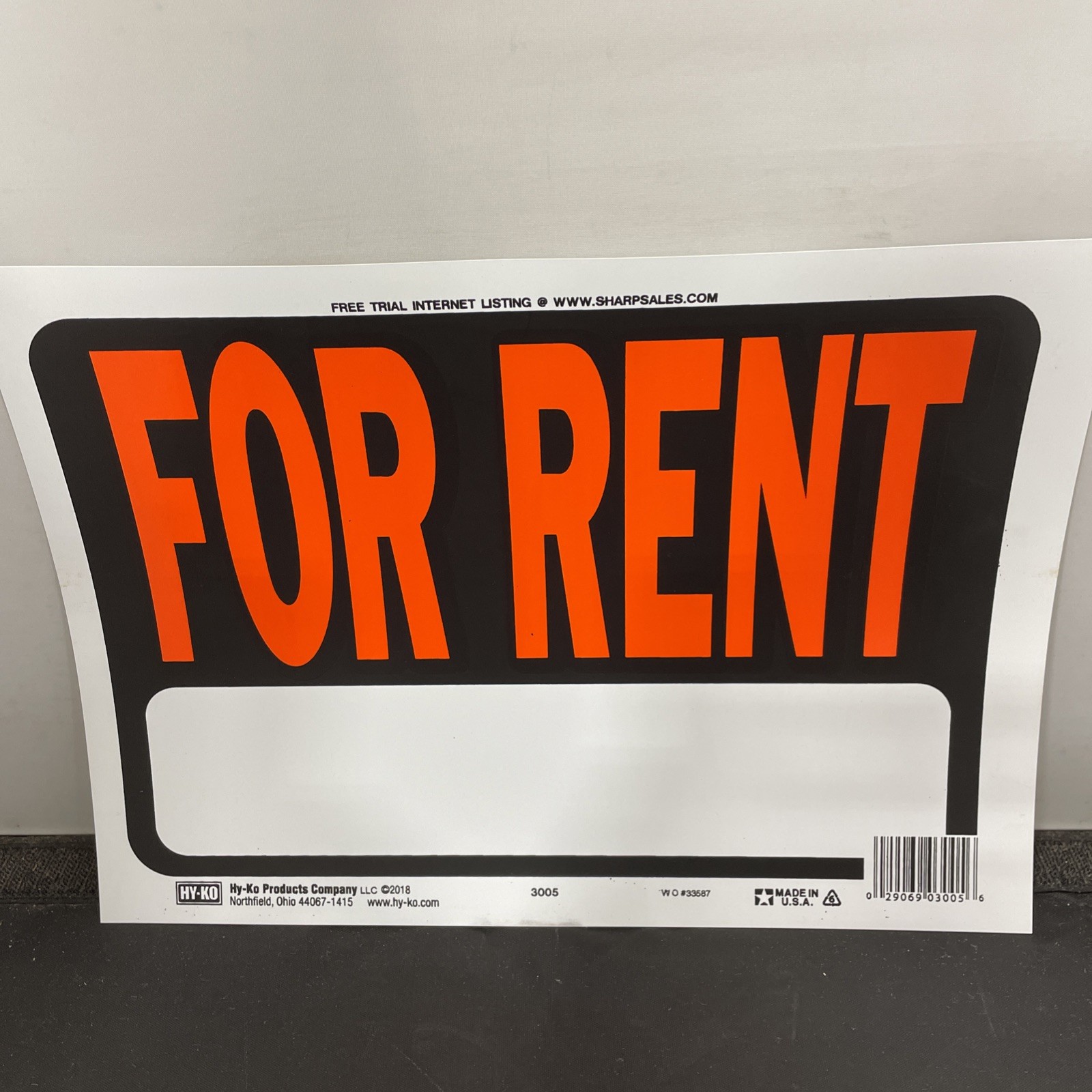 Sign « For Rent » Orange & Black 8 x 12