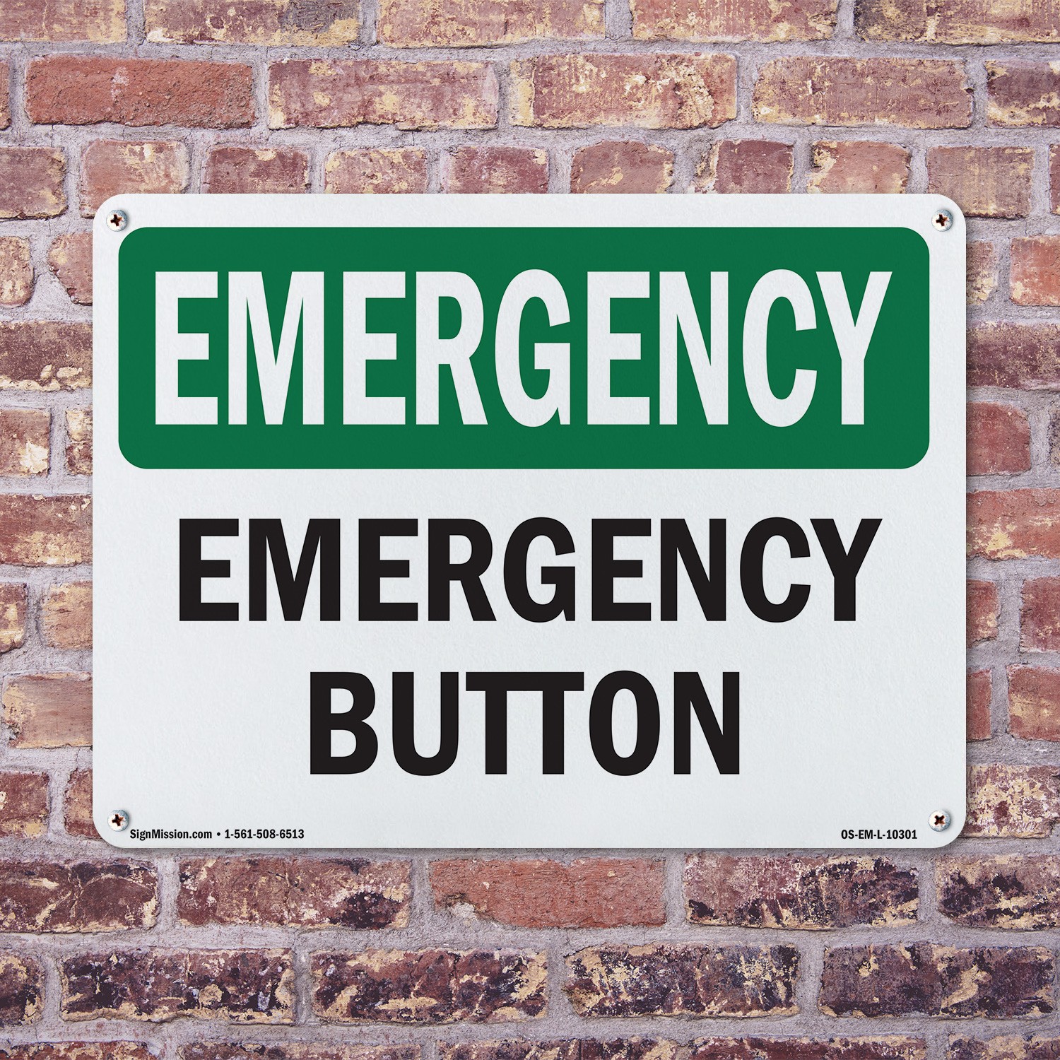 Button OSHA Emergency Sign Metal, Plastic, Or Decal – 5 or 10 Pack