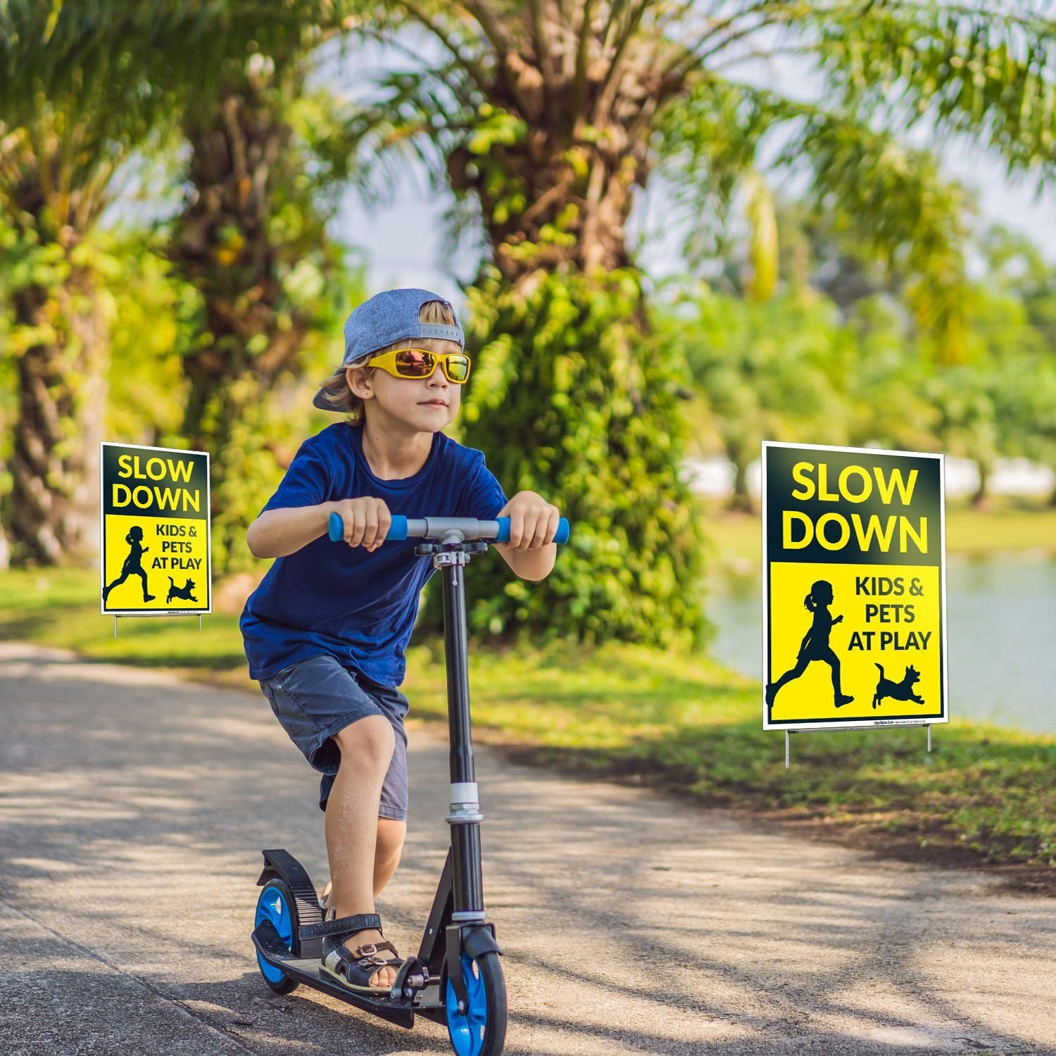 Slow Down Kids & Pets At Play With Graphics Sign, Pack of 2 Double Sided 9×12…