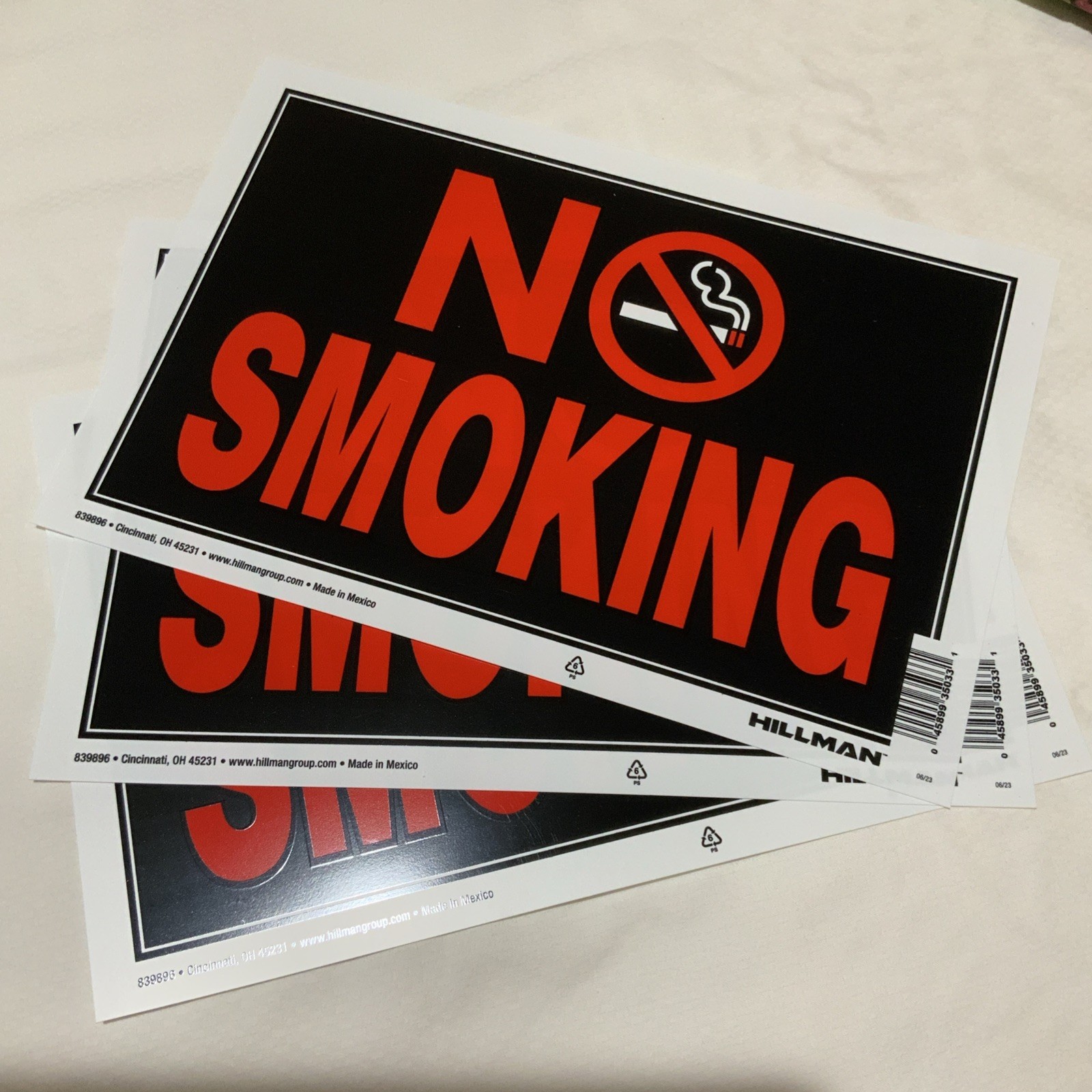 NO SMOKING SIGN 8&Prime; x 12&Prime; No Smoking Fluorescent Plastic Hillman 839896 LOT OF 3