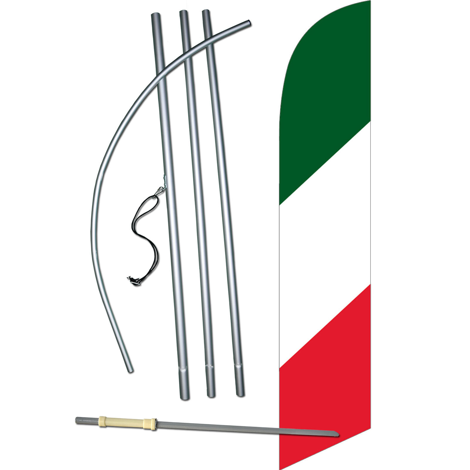 Green White Red Striped Flag with Flag Pole and Spike