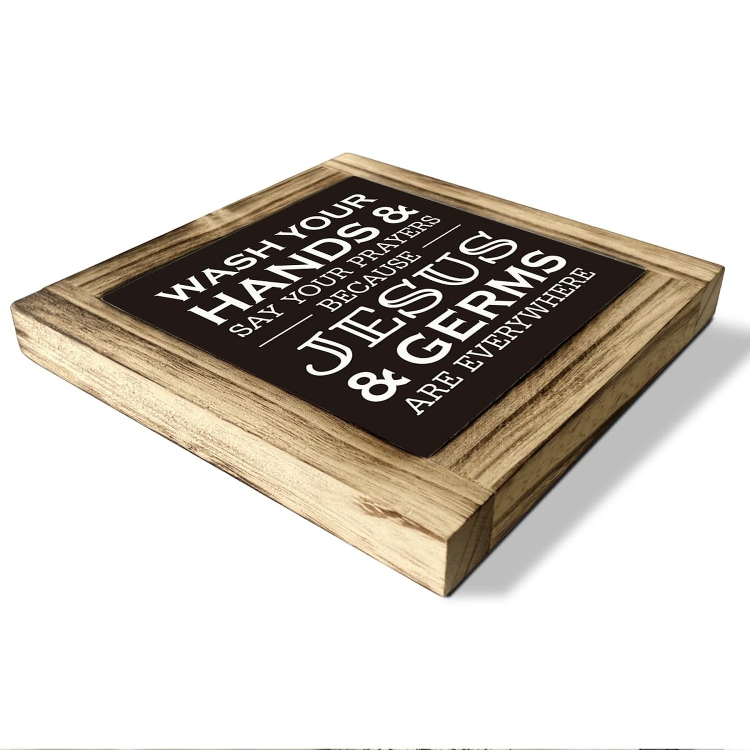 Christian Bathroom Sign – Wash Hands & Prayers, Rustic Wooden Tabletop Art, F…