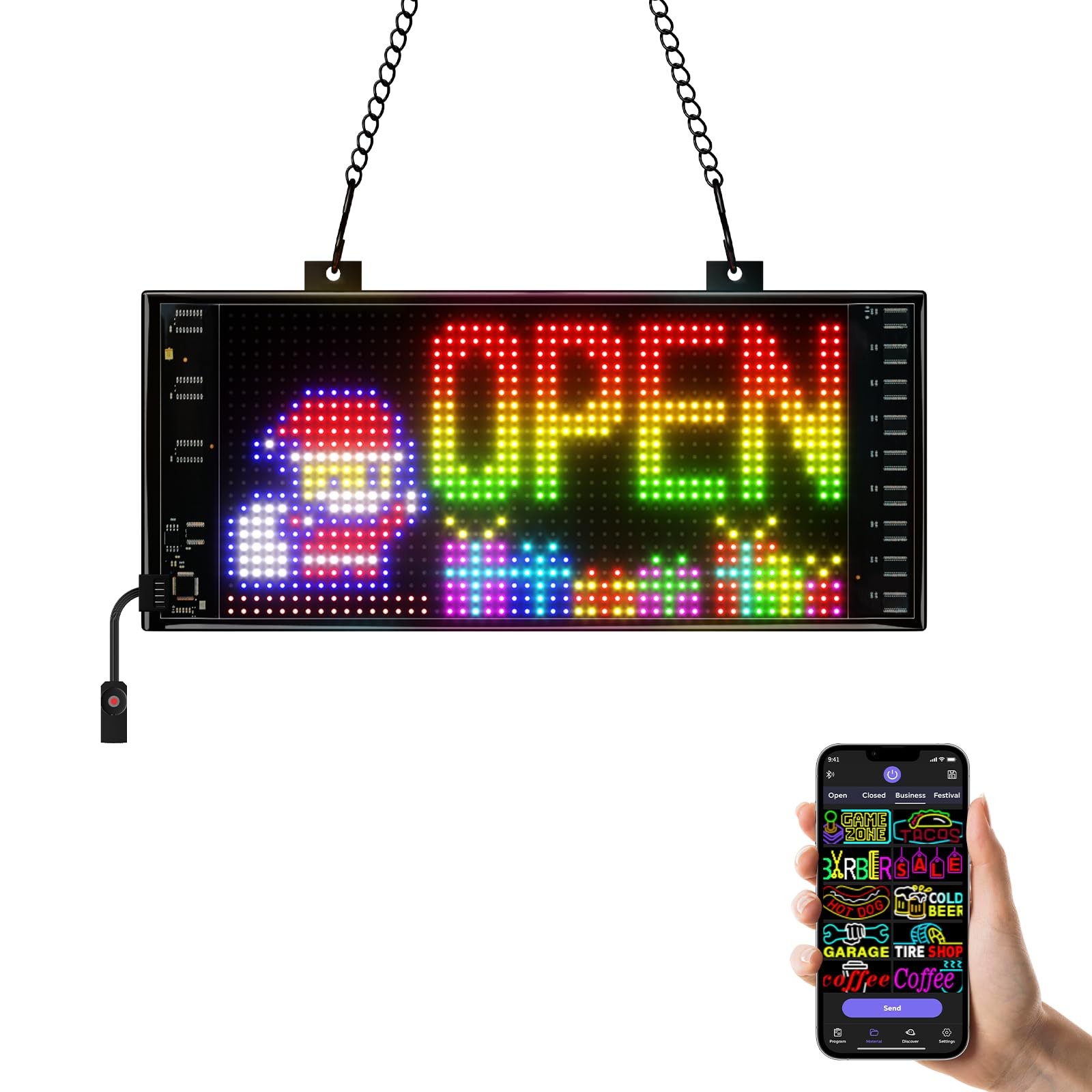 LED Open Sign with Programmable Display, Bluetooth App 10&Prime; x 5&Prime;, Black