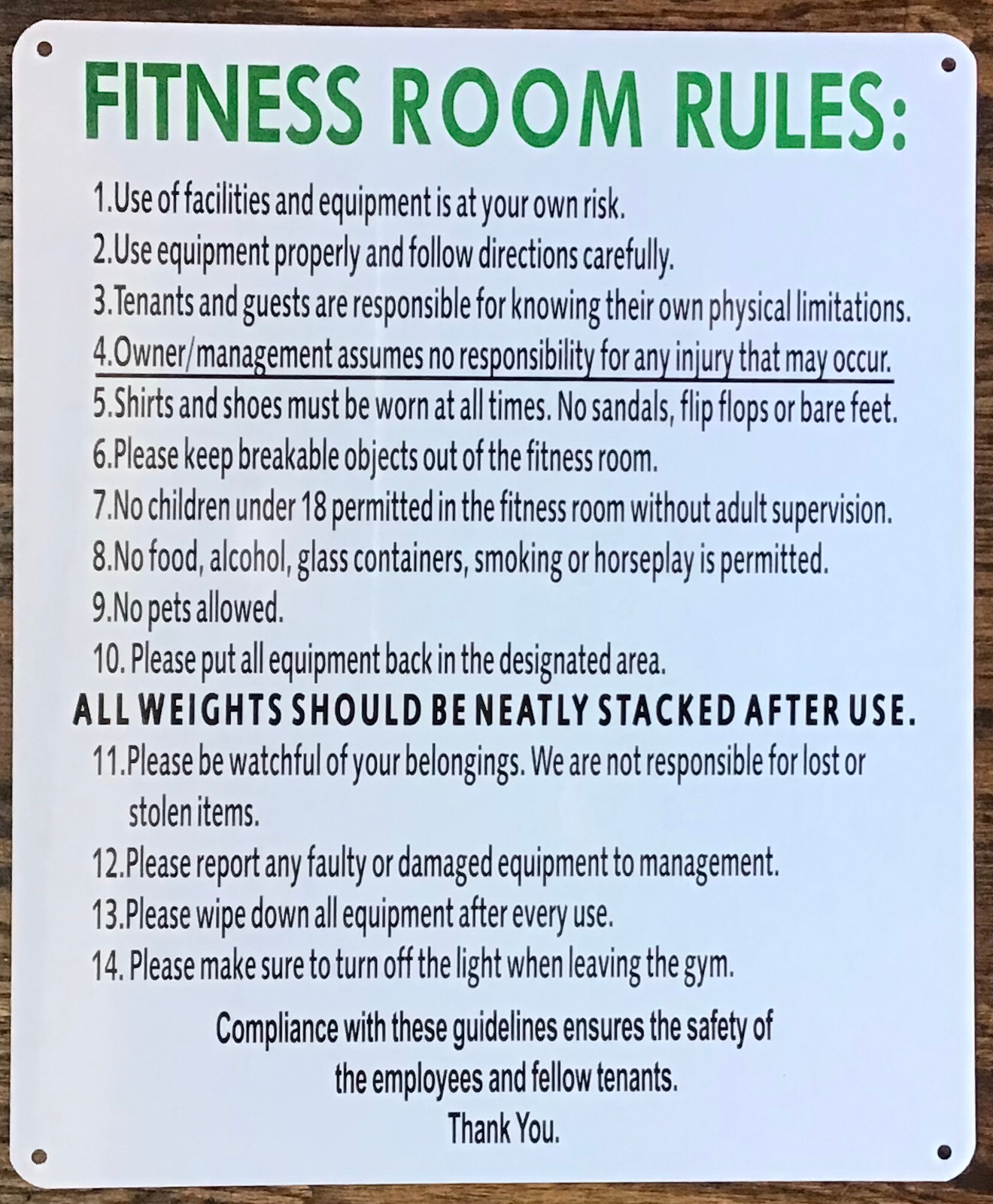 FITNESS ROOM RULES SIGN (10X12, WHITE, ALUMINUM) -REF24-1027