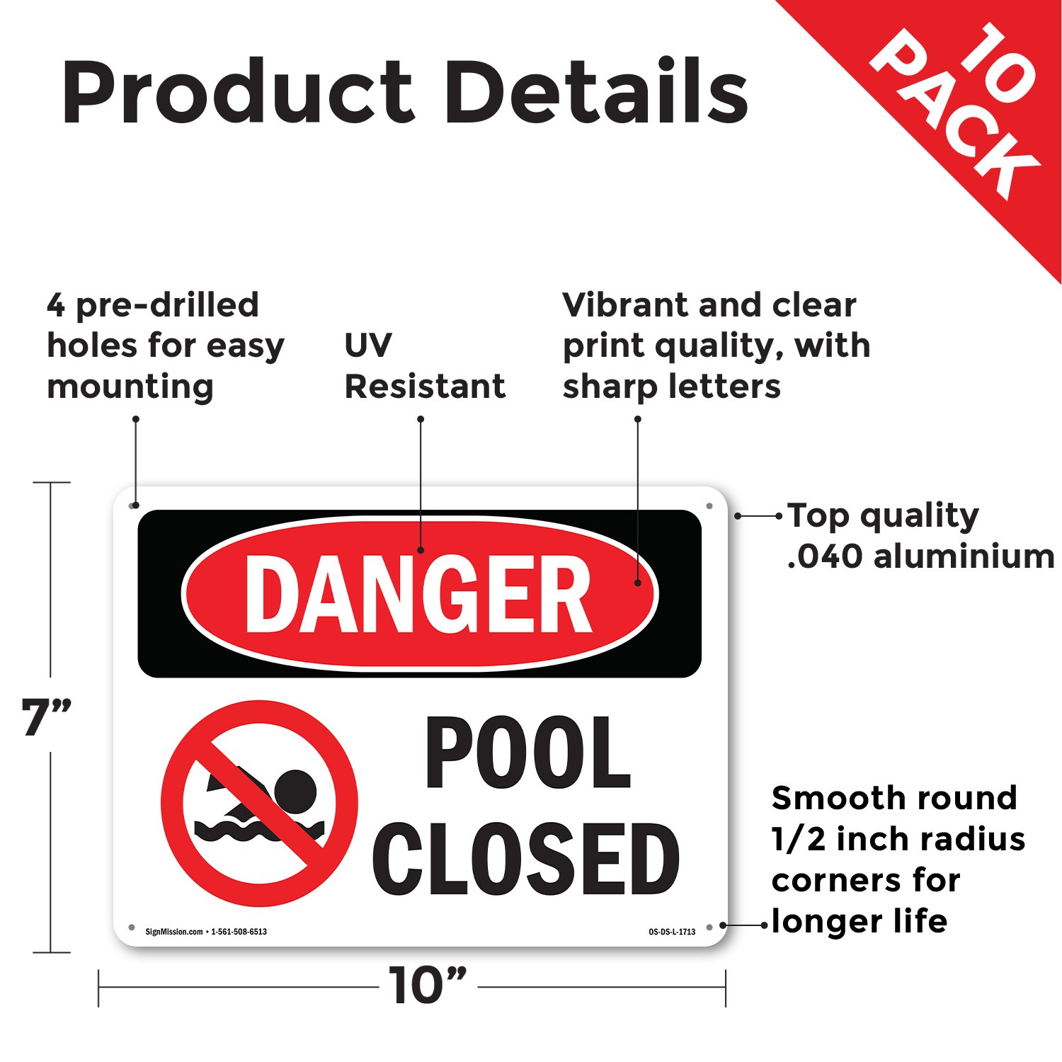 Pool Closed OSHA Danger Sign Metal, Plastic, Or Decal – 5 or 10 Pack