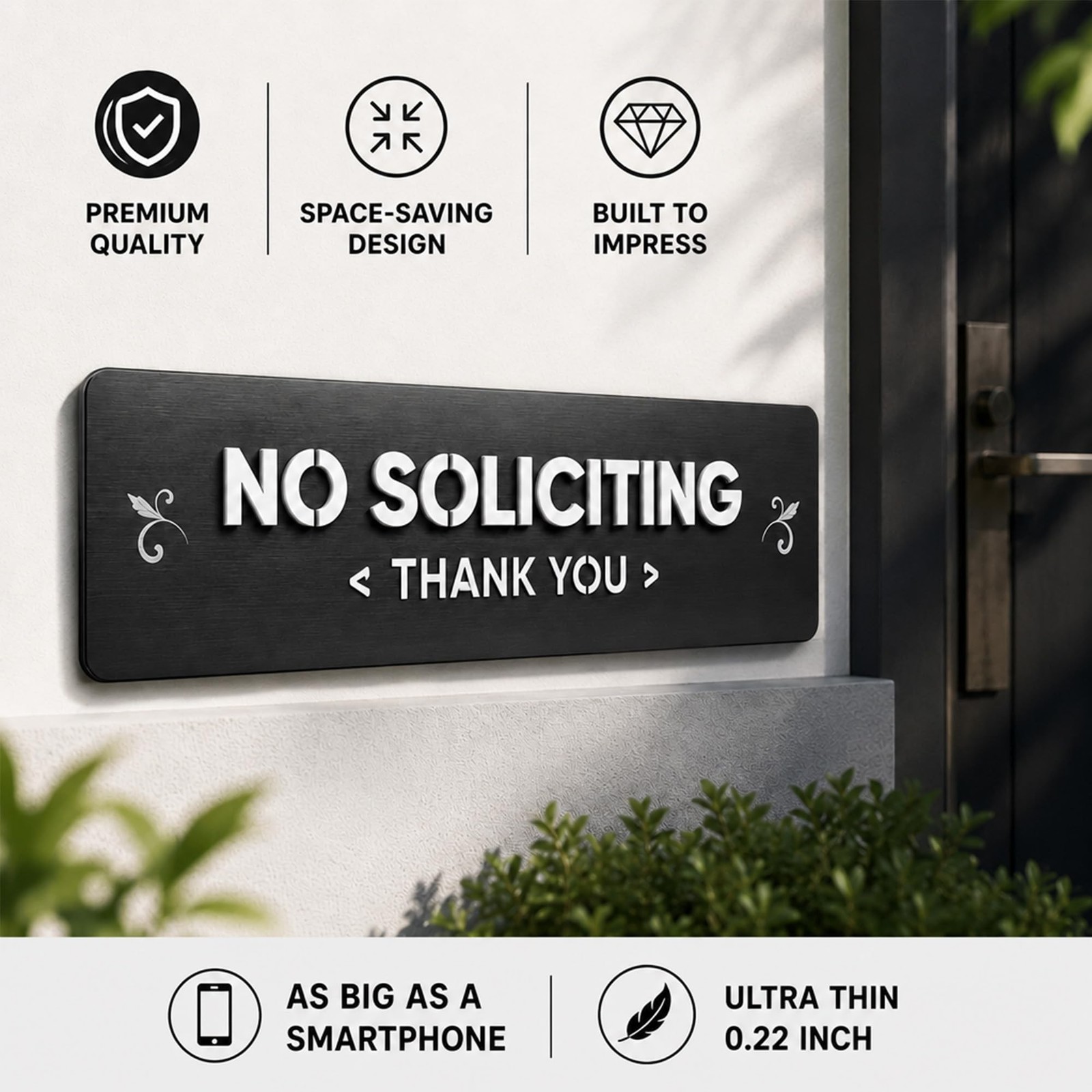 No Soliciting Sign, Matte Black – 304 Stainless Steel Raised Letters, No-D