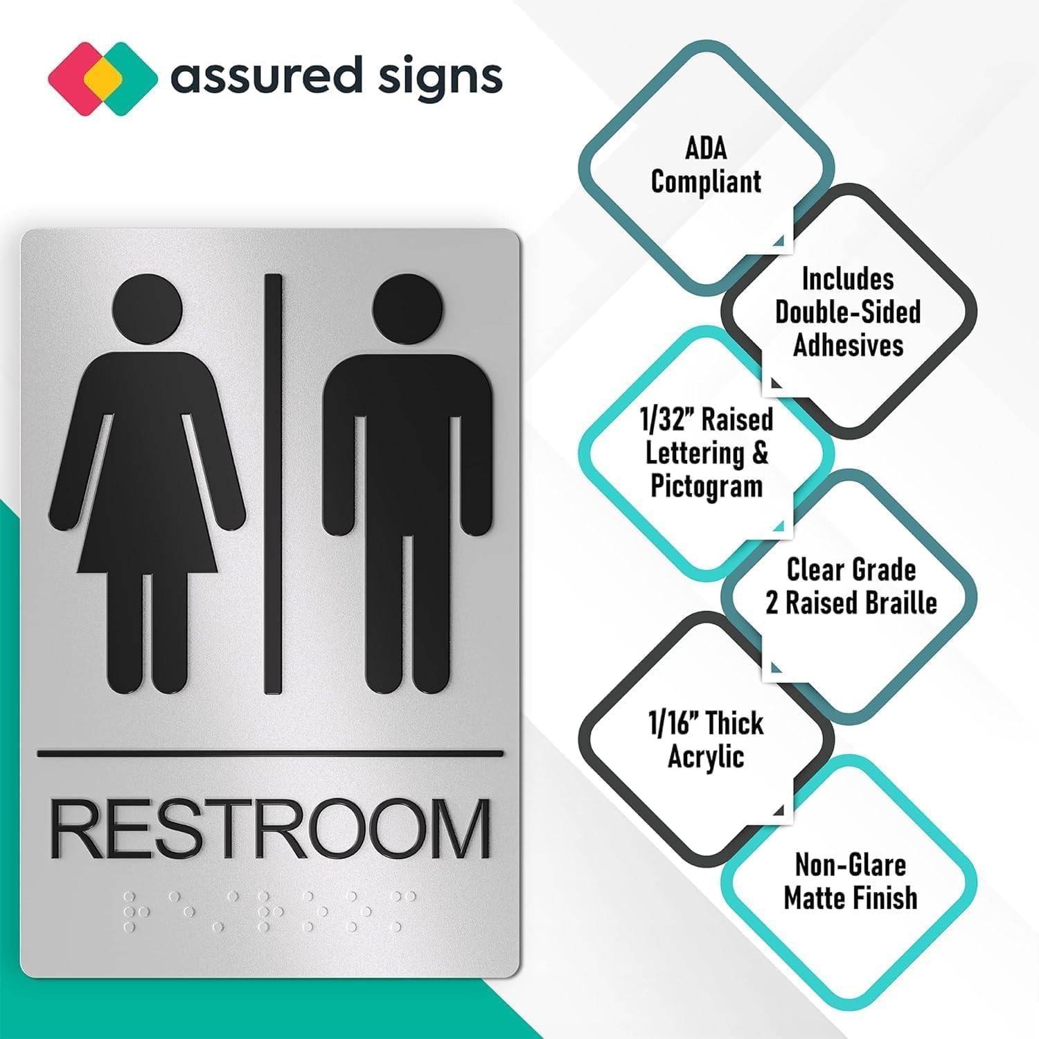Restroom Sign for Business – 9 x 6 Inch – 2 Pack | ADA Compliant, Raised Text wi
