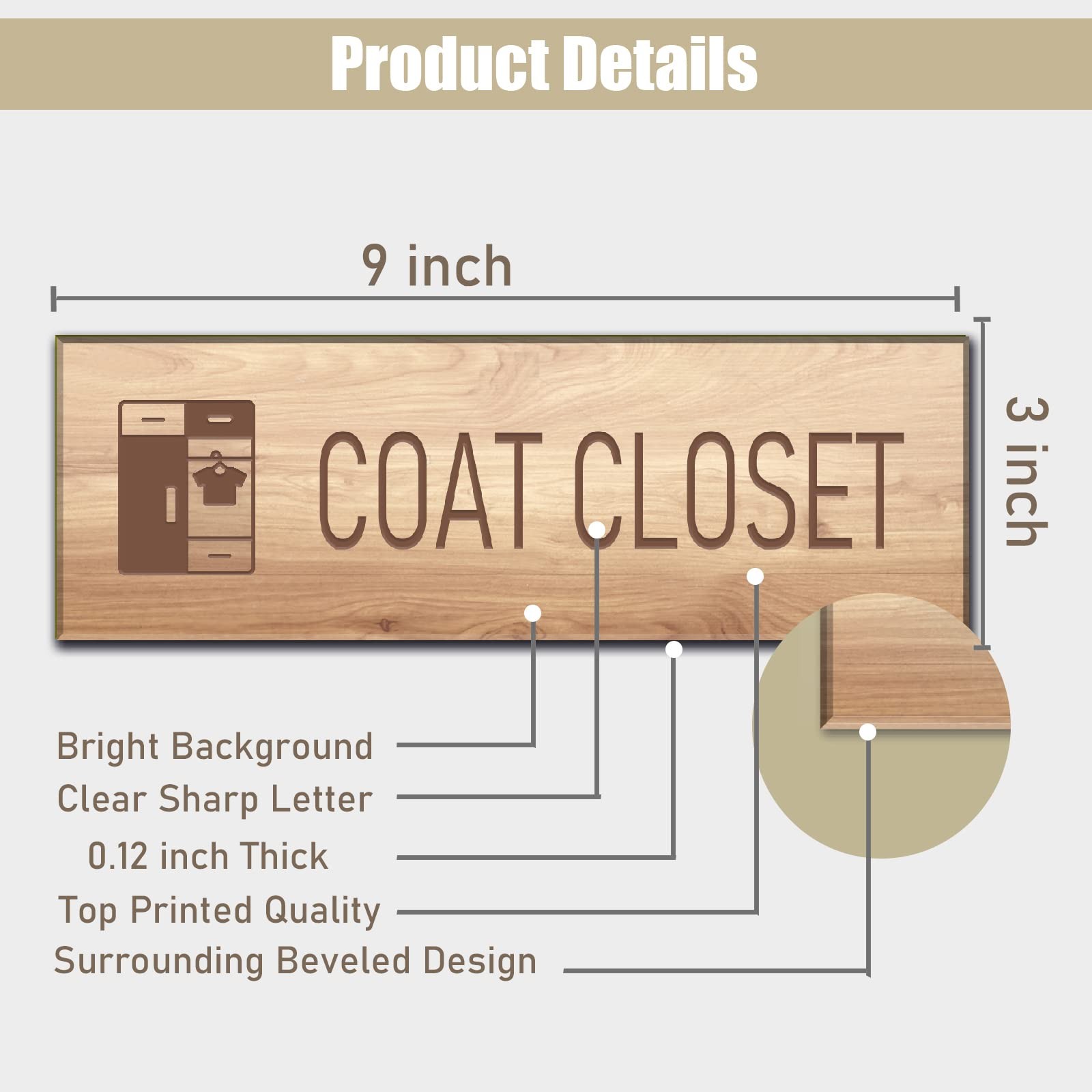 Coat Closet Sign Self-Adhesive Door Wall Window Signage Wood Graining 9×3 Inch