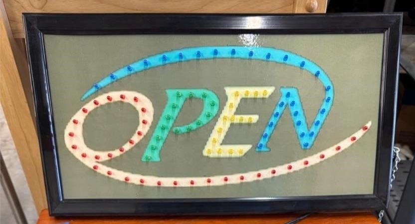 Multi colored rotating lights open sign for business-video included in listing