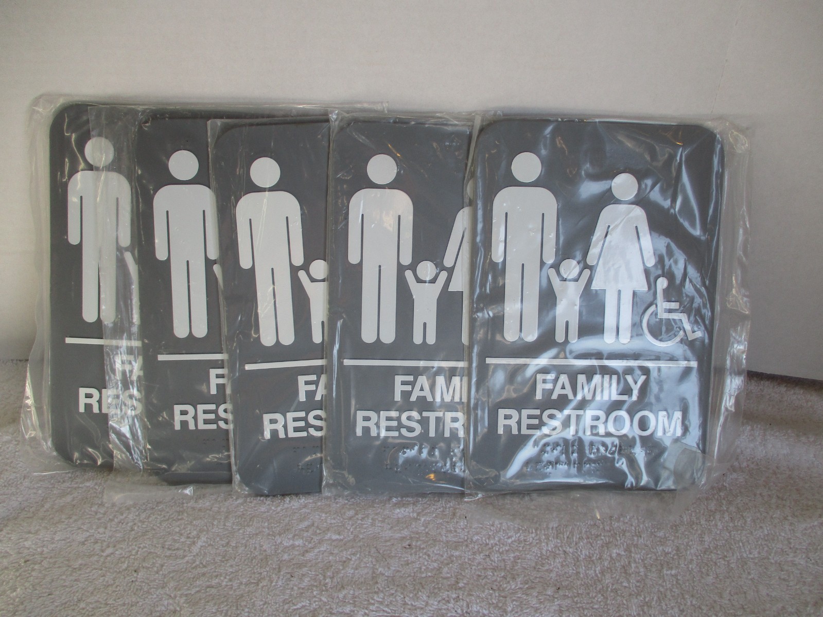 LOT OF 5 BATHROOM SIGNS ADA BRAILLE ADHESIVE GRAY FAMILY RESTROOM